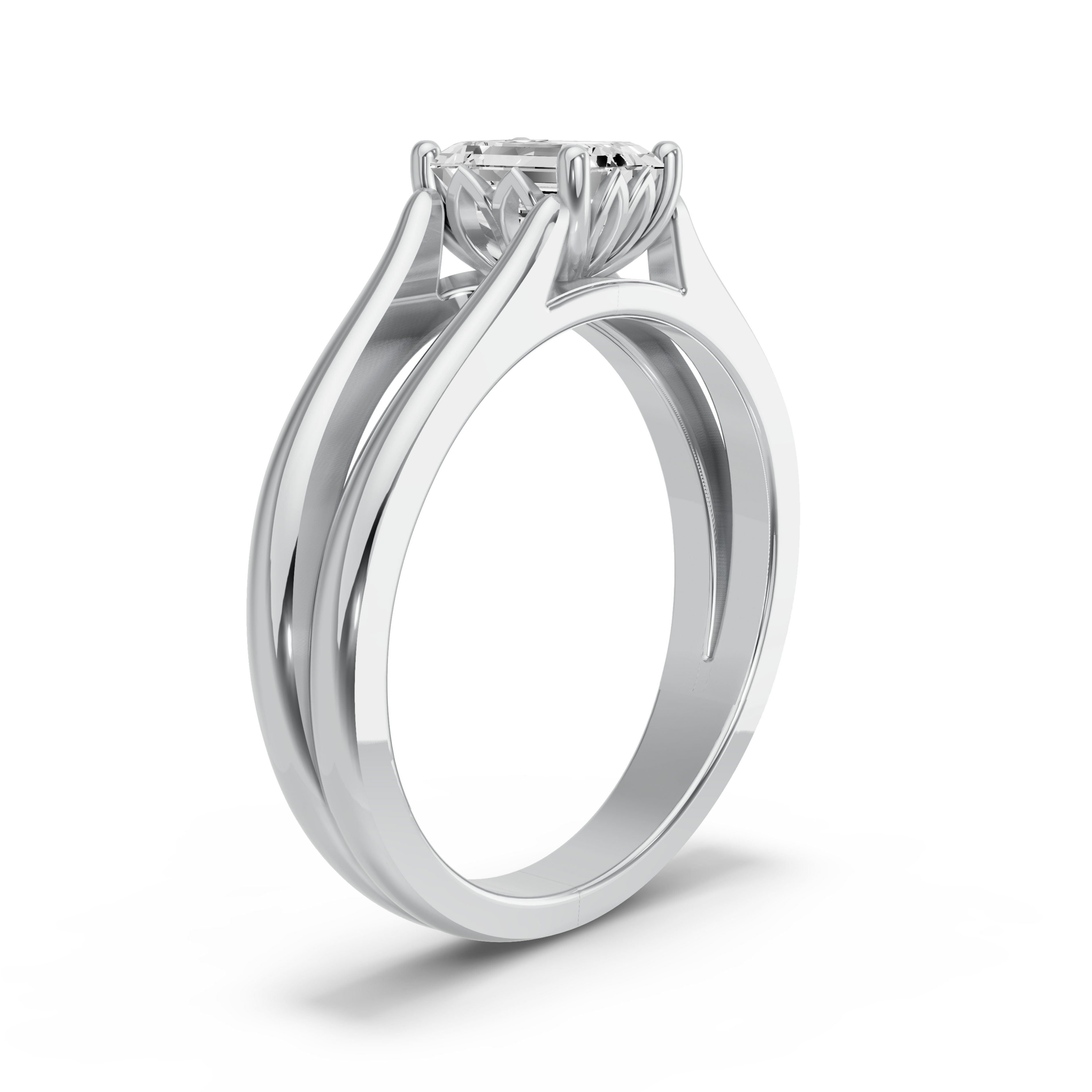 Image for Emerald Lotus Basket Ring with Split Ring Solitaire band in 14K White Gold