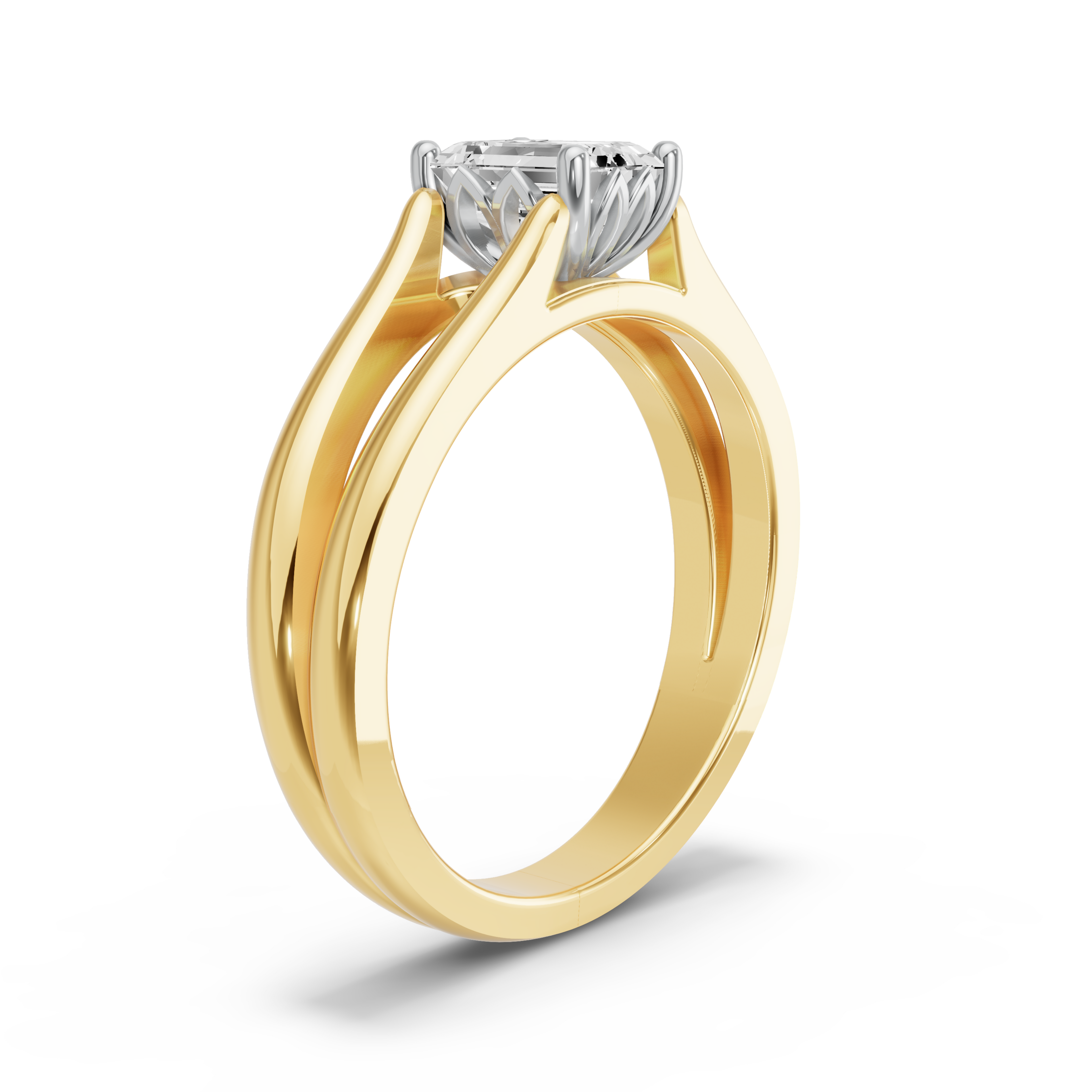 Image for Emerald Lotus Basket Ring with Split Ring Solitaire band in 14K Two Tone Yellow Gold