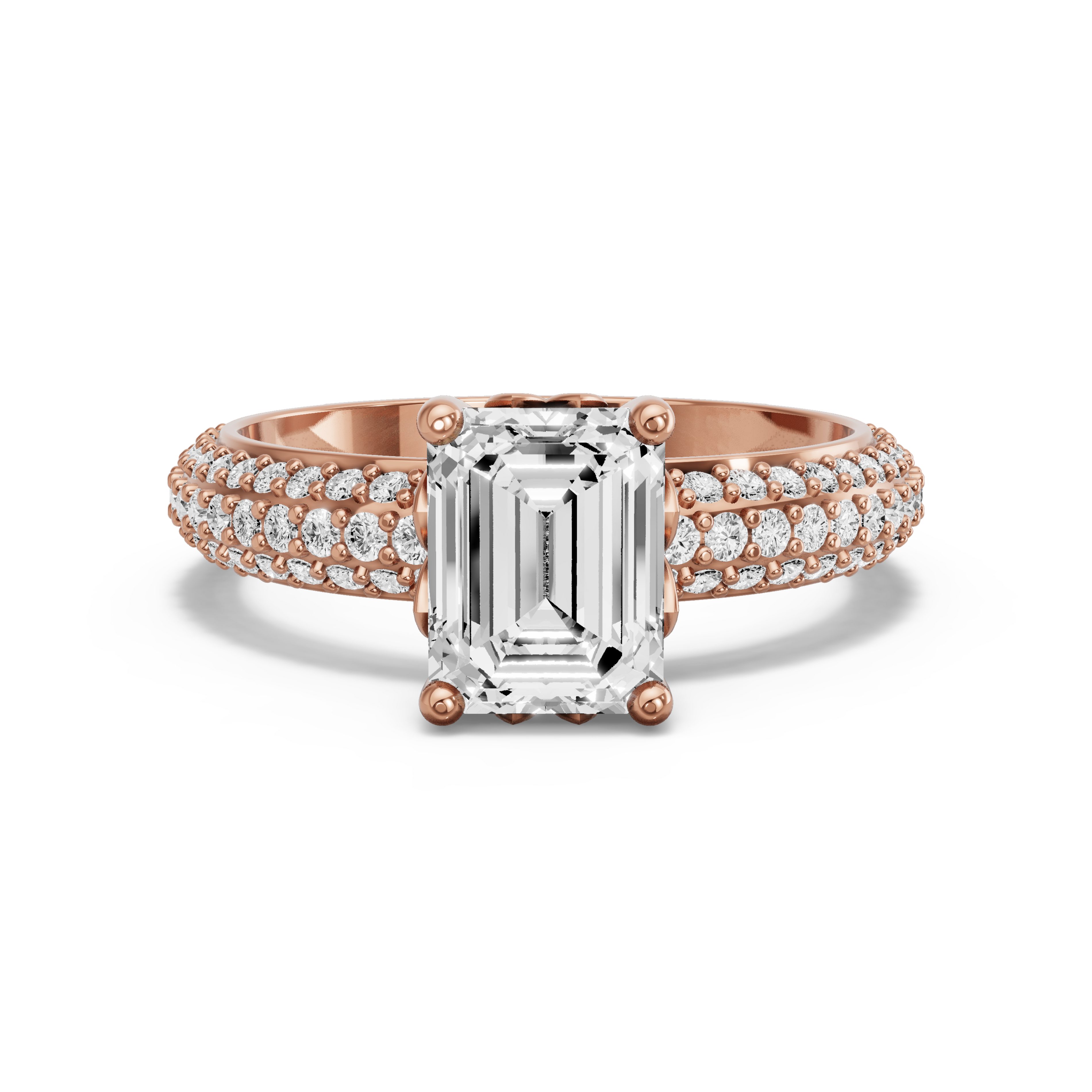 Image for Emerald Lotus Basket Ring with Triple Row Pave band in 18K Rose Gold