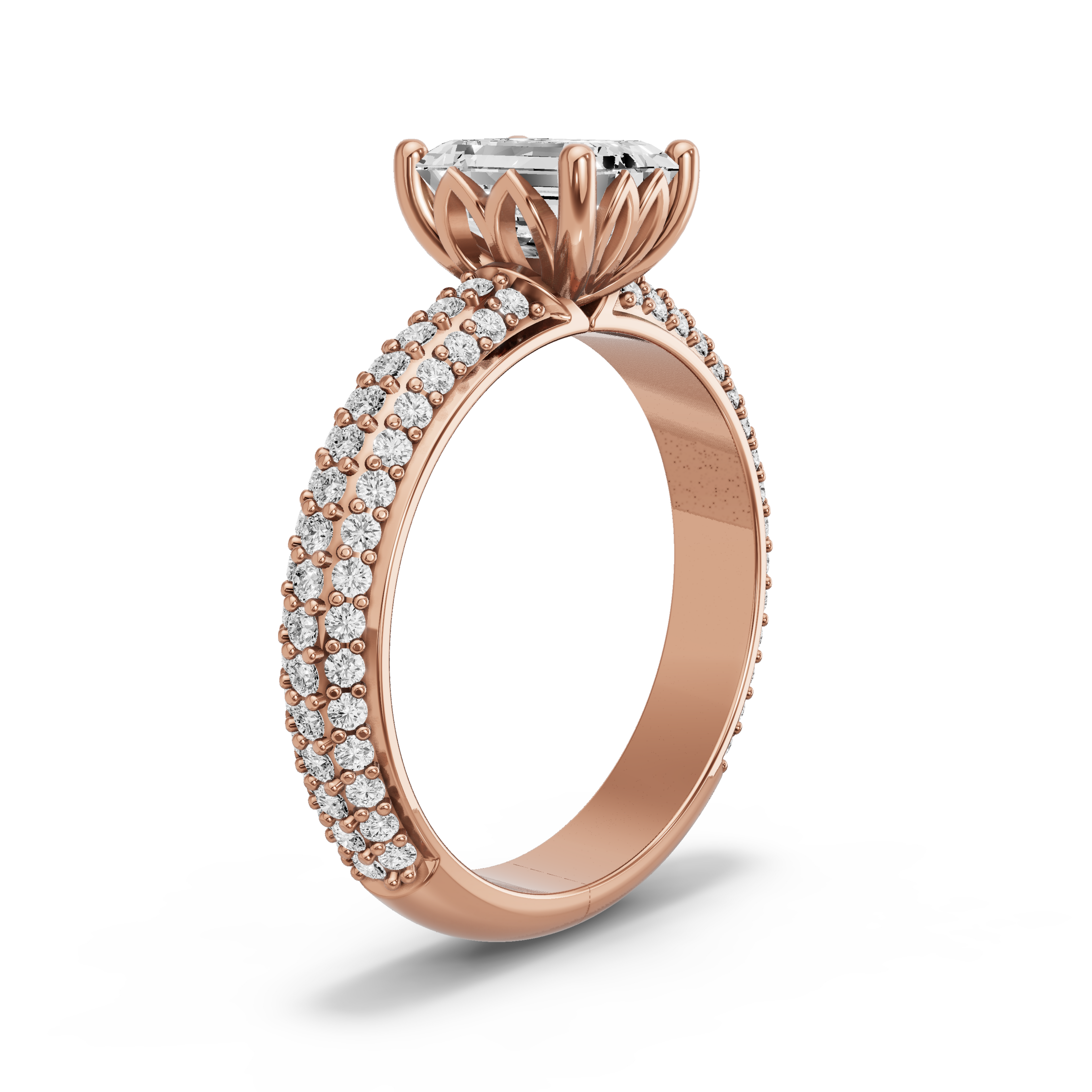 Image for Emerald Lotus Basket Ring with Triple Row Pave band in 10K Rose Gold
