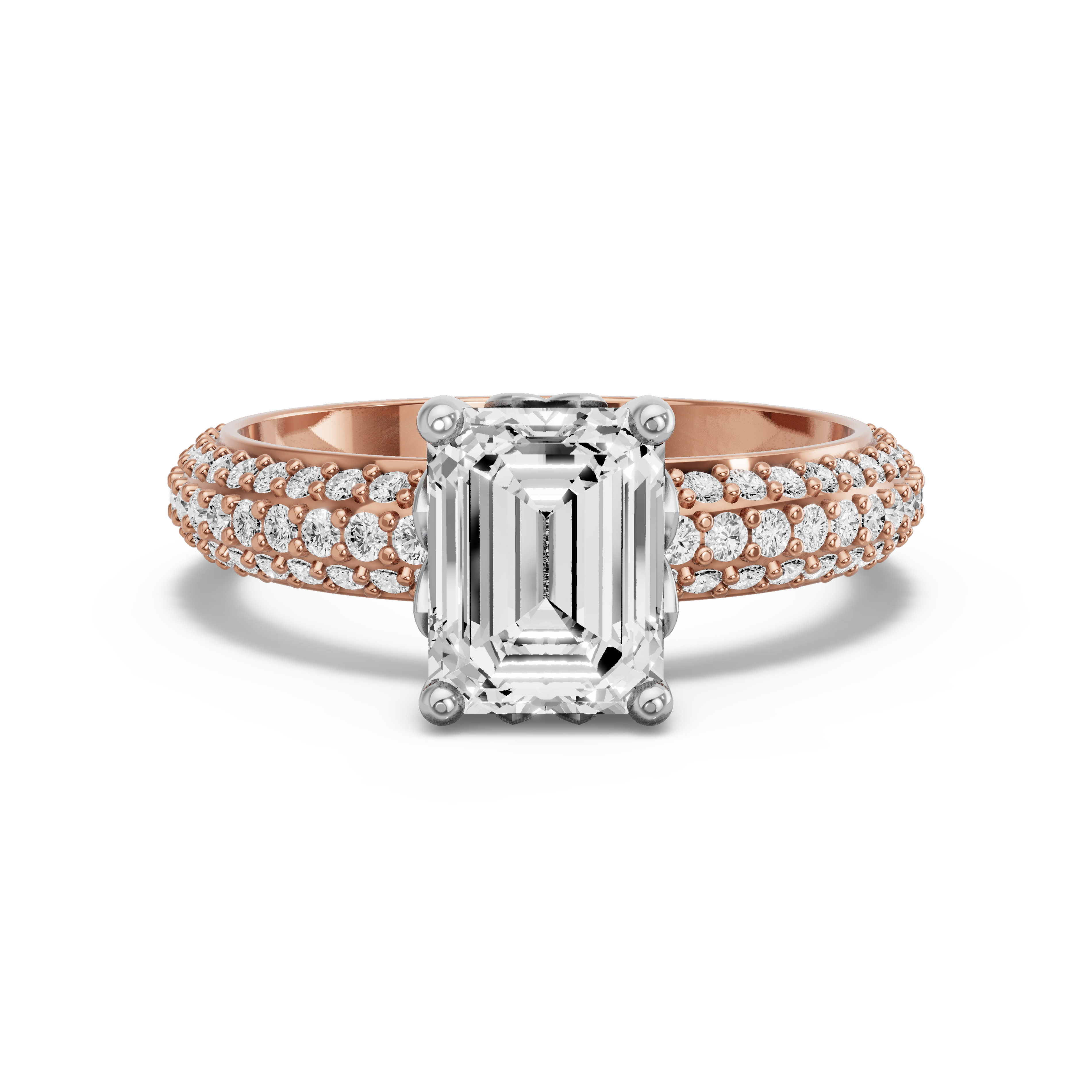 Image for Emerald Lotus Basket Ring with Triple Row Pave band in 14K Two Tone Rose Gold