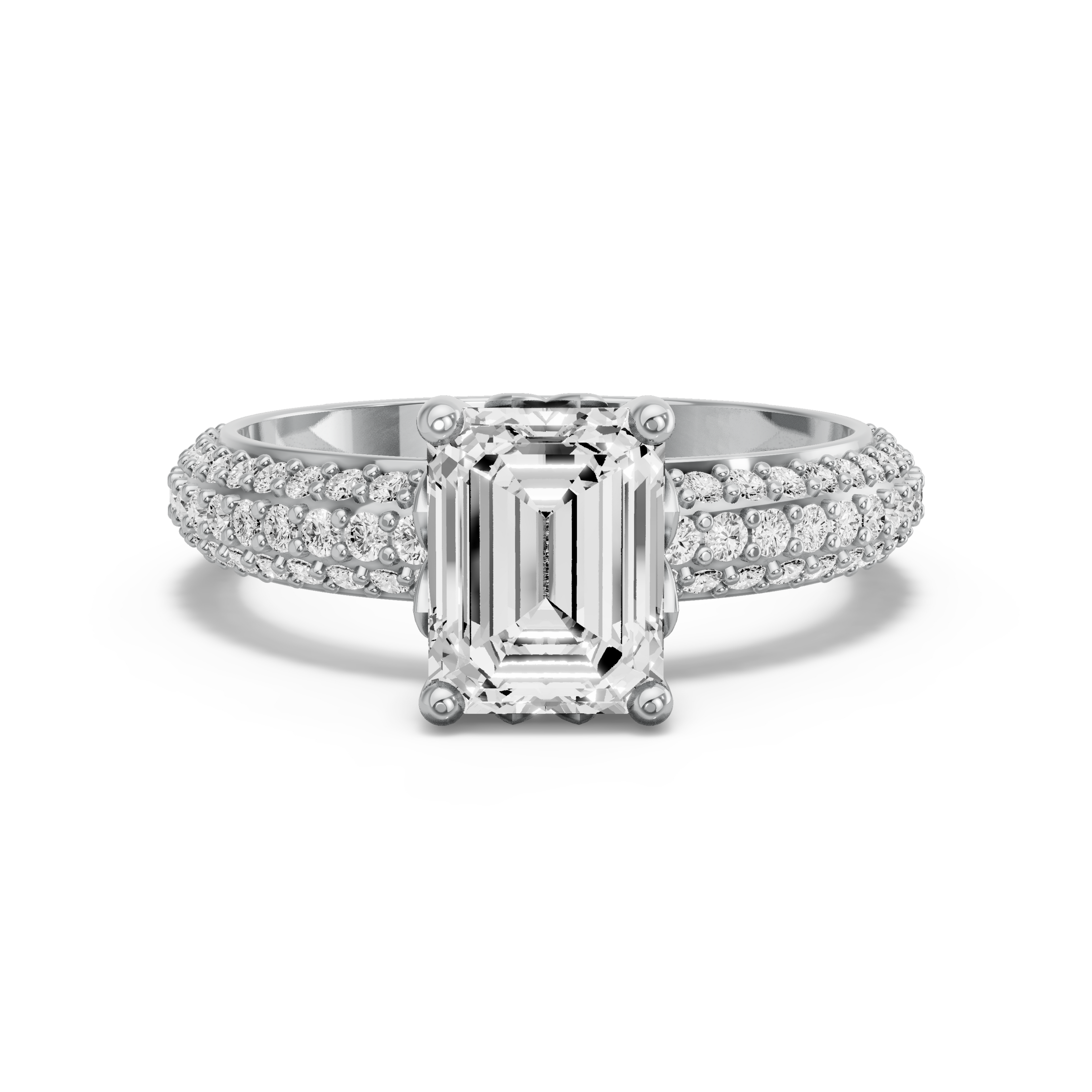 Image for Emerald Lotus Basket Ring with Triple Row Pave band in 10K White Gold