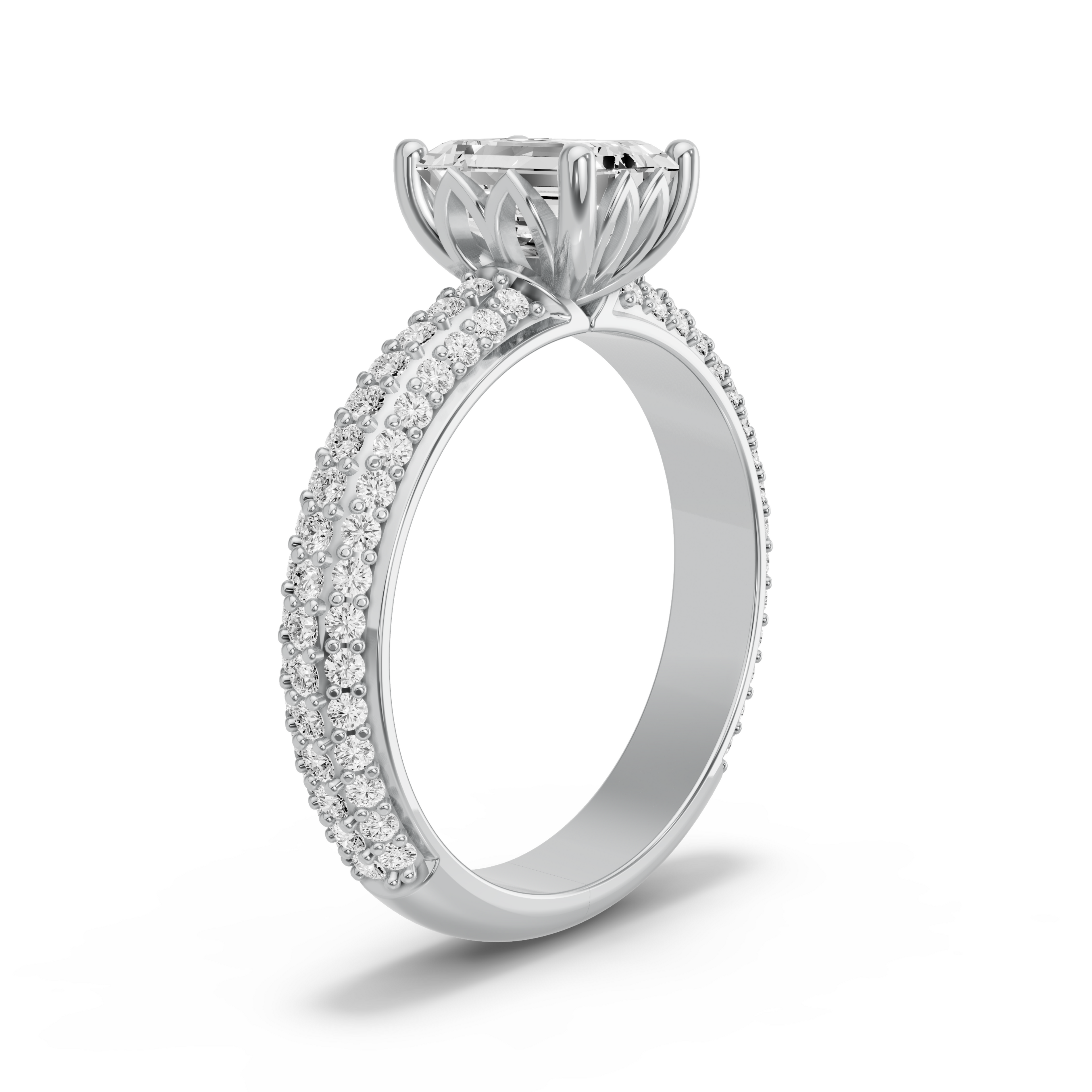 Image for Emerald Lotus Basket Ring with Triple Row Pave band in 10K White Gold