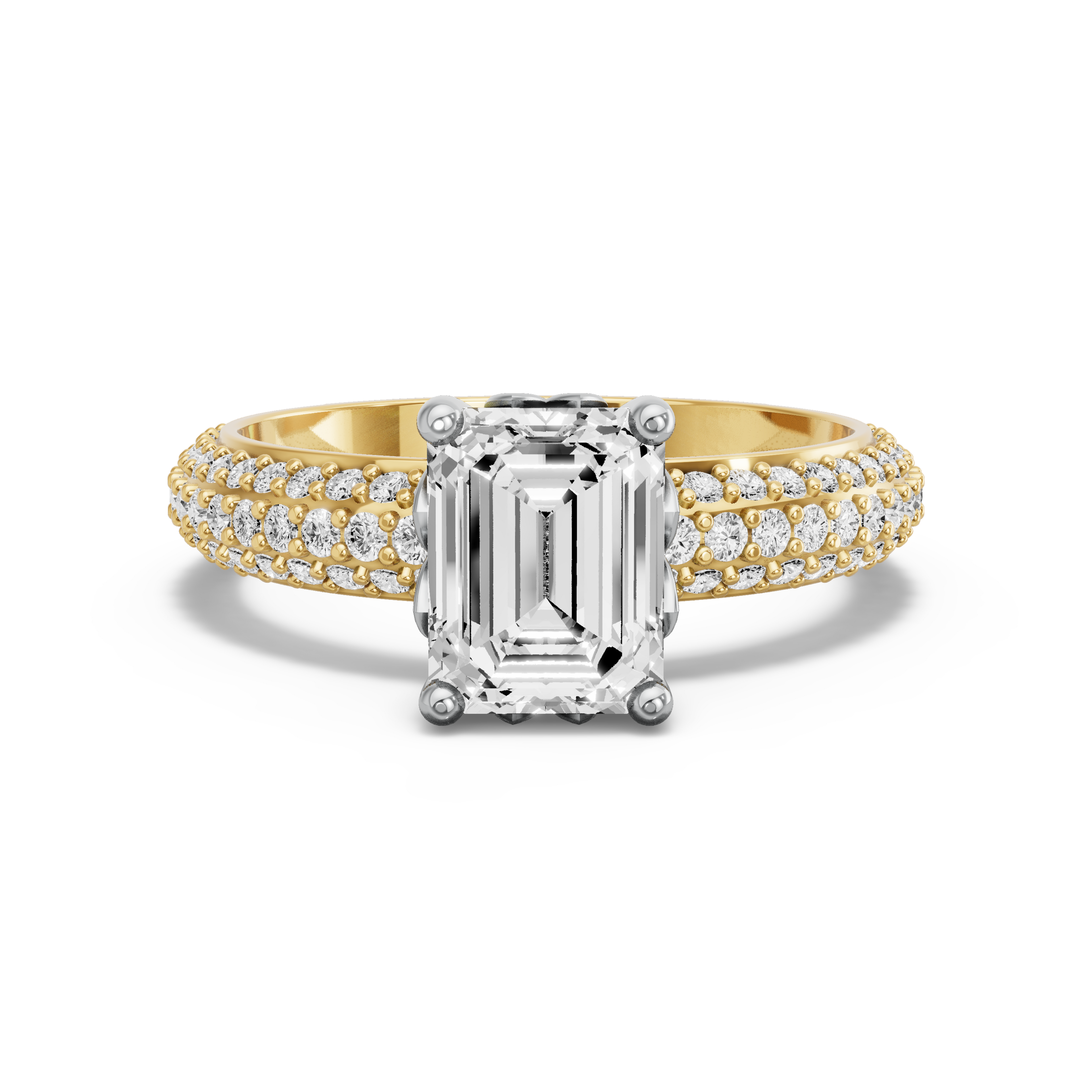 Image for Emerald Lotus Basket Ring with Triple Row Pave band in 18K Two Tone Yellow Gold