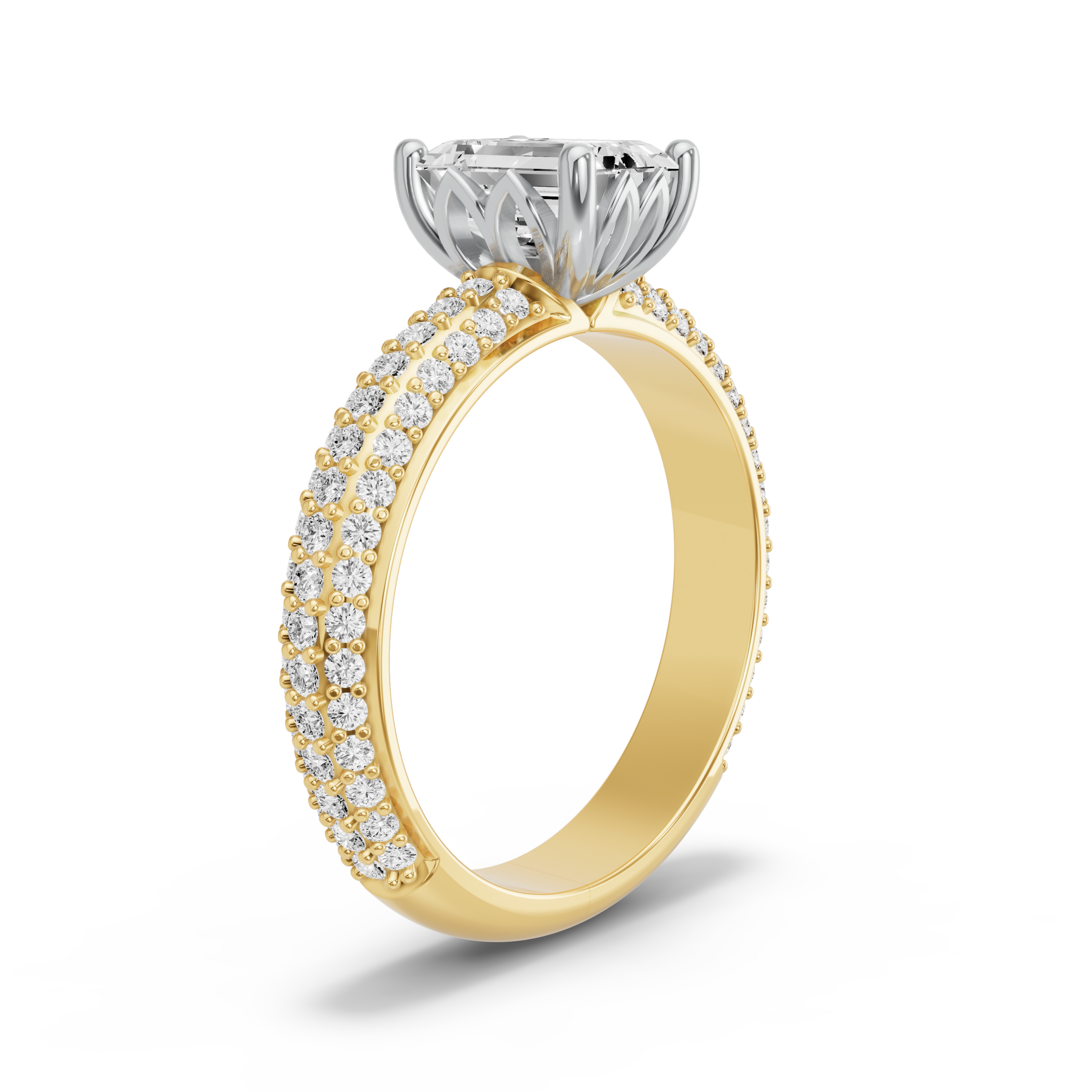 Image for Emerald Lotus Basket Ring with Triple Row Pave band in 10K Two Tone Yellow Gold