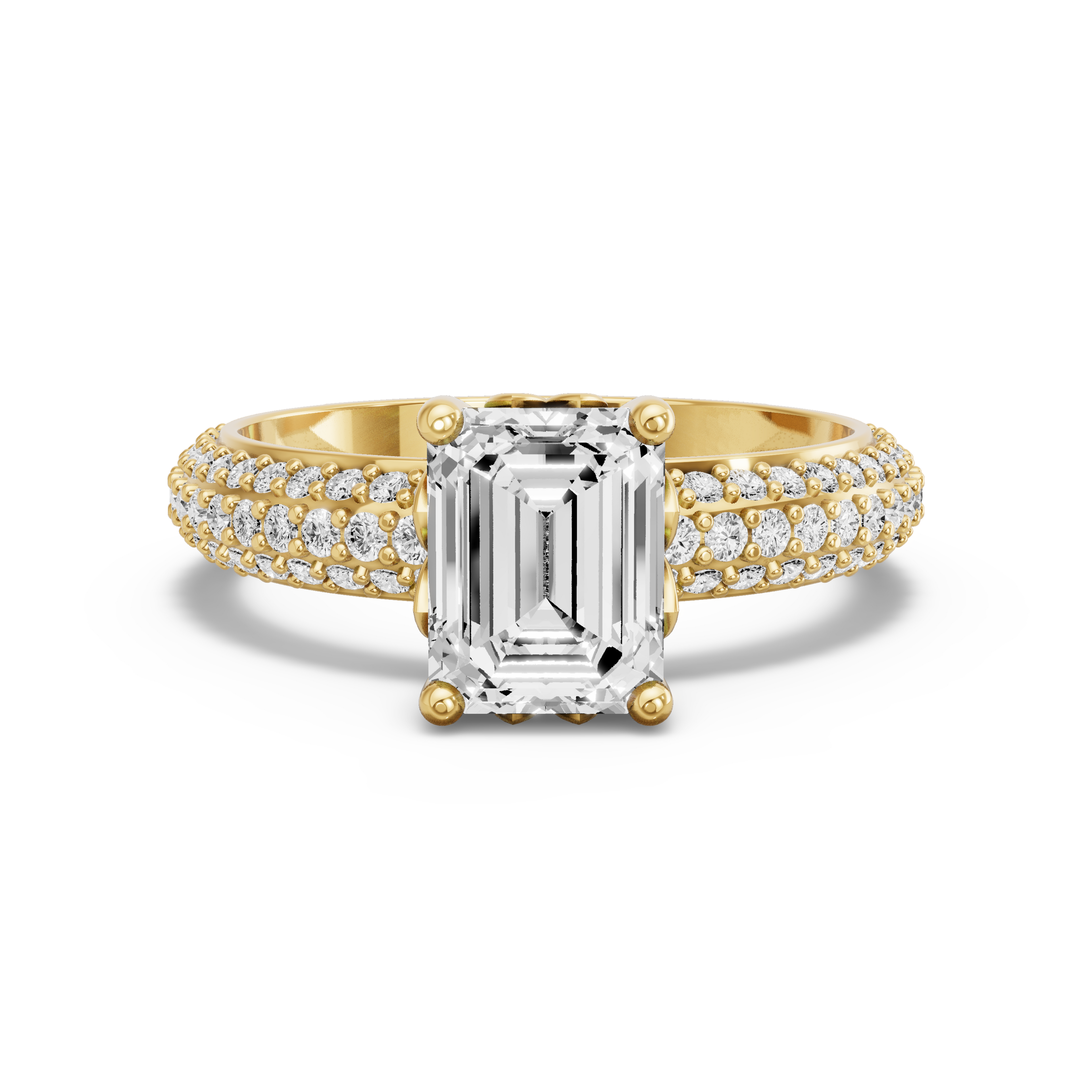 Image for Emerald Lotus Basket Ring with Triple Row Pave band in 18K Yellow Gold