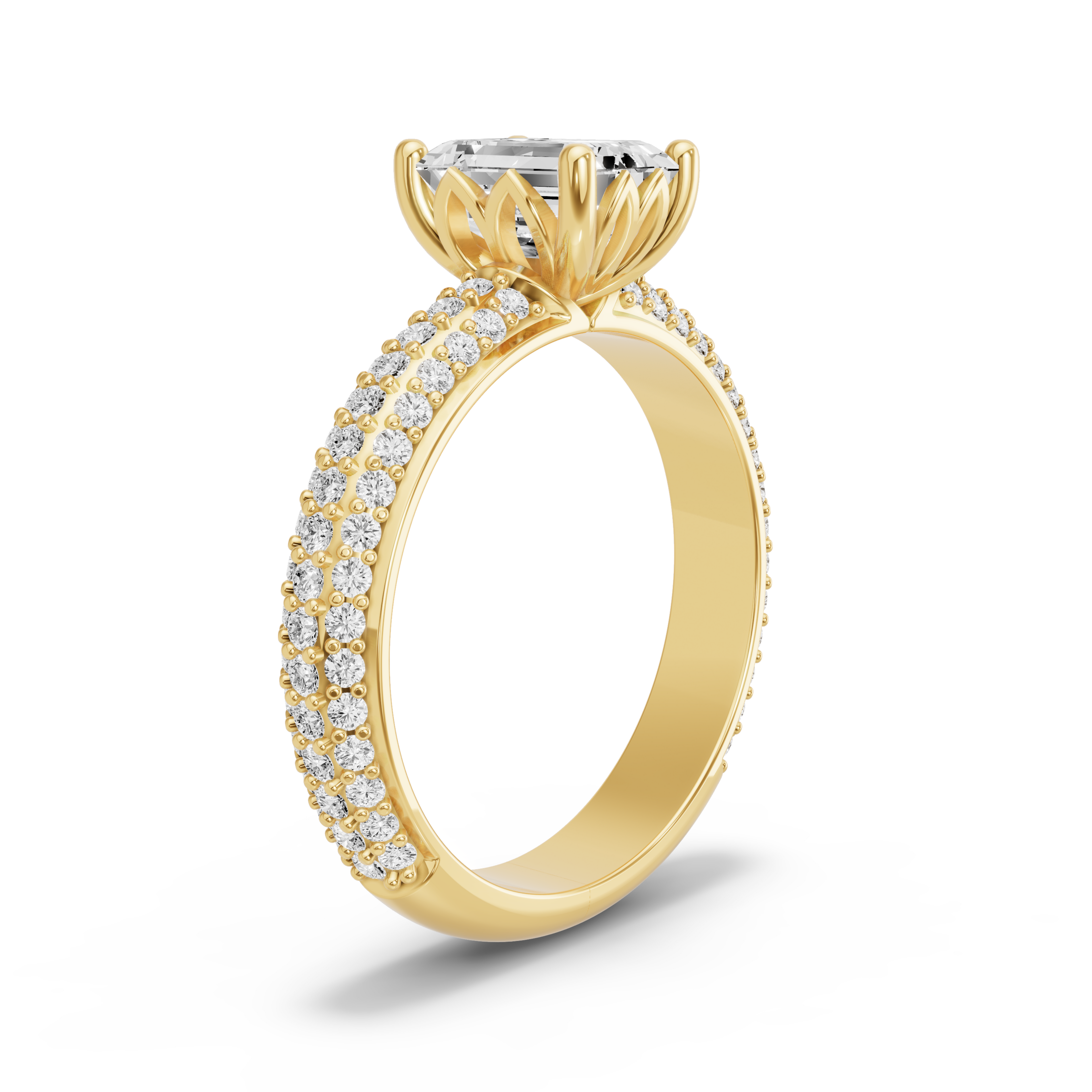 Image for Emerald Lotus Basket Ring with Triple Row Pave band in 10K Yellow Gold