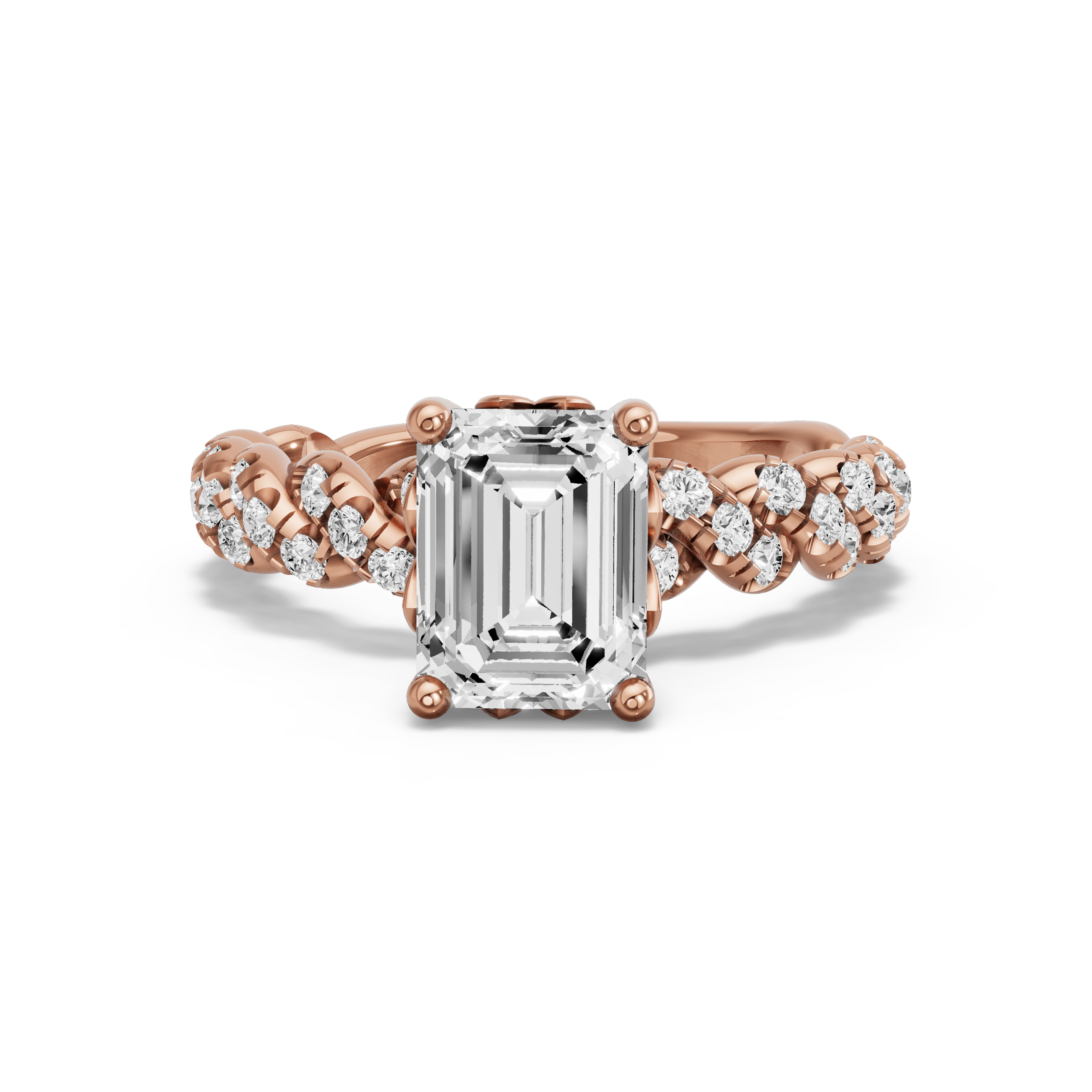 Image for Emerald Lotus Basket Ring with Twist Pave band in 14K Rose Gold
