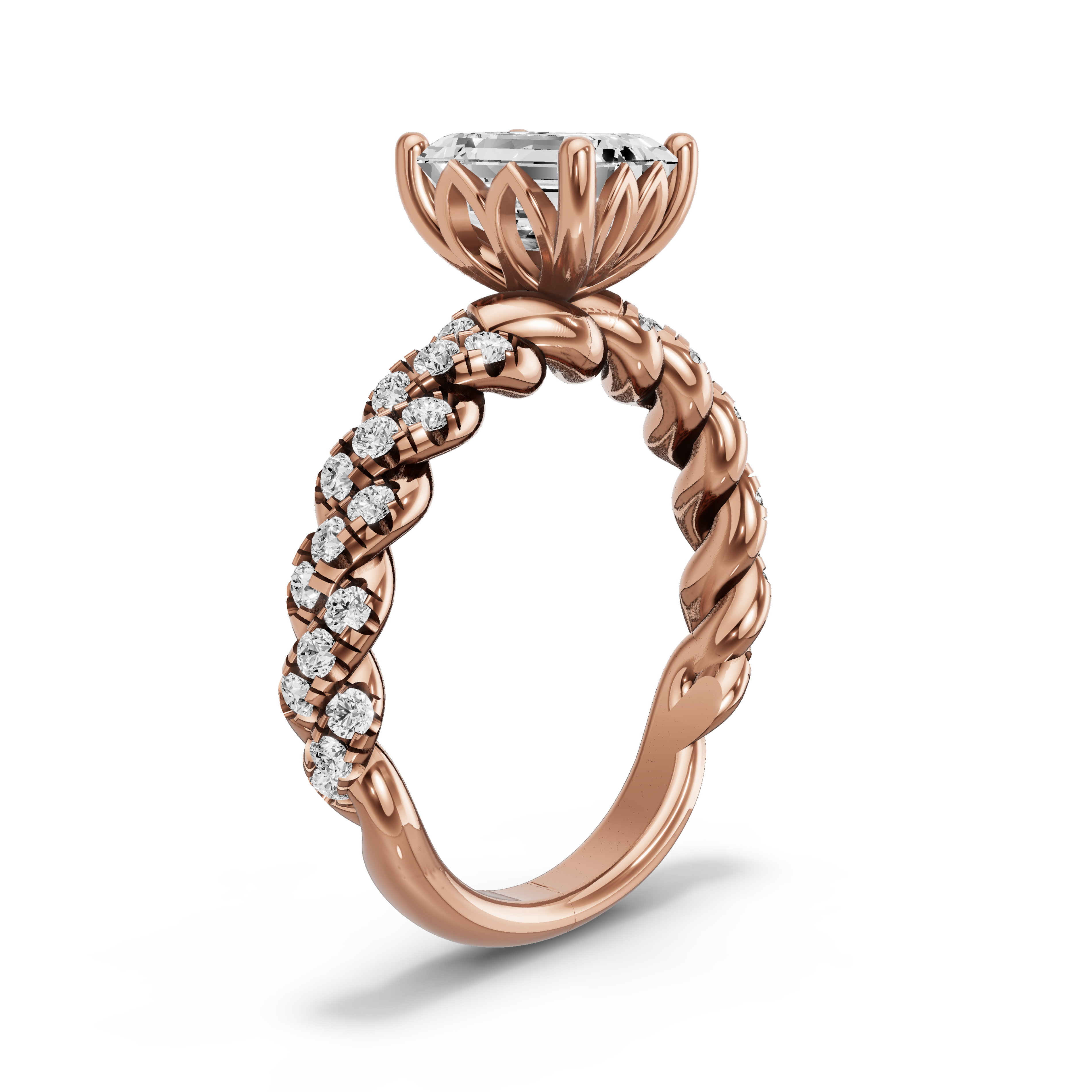 Image for Emerald Lotus Basket Ring with Twist Pave band in 10K Rose Gold