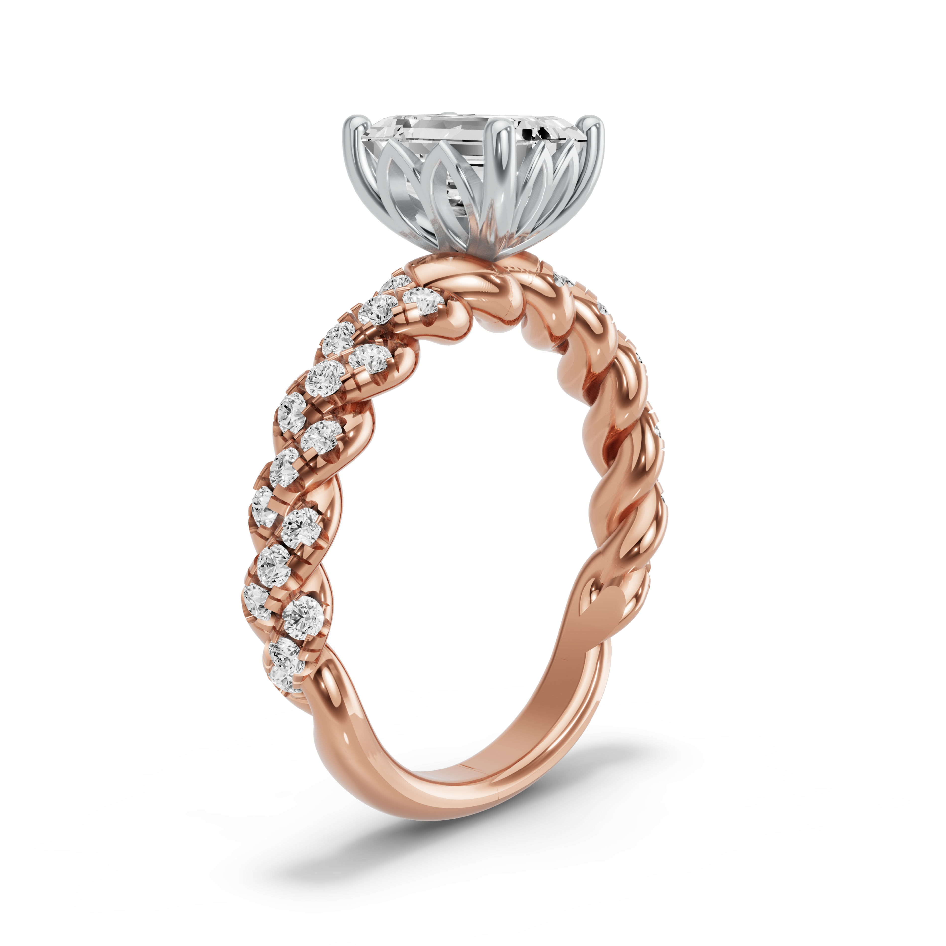 Image for Emerald Lotus Basket Ring with Twist Pave band in 18K Two Tone Rose Gold