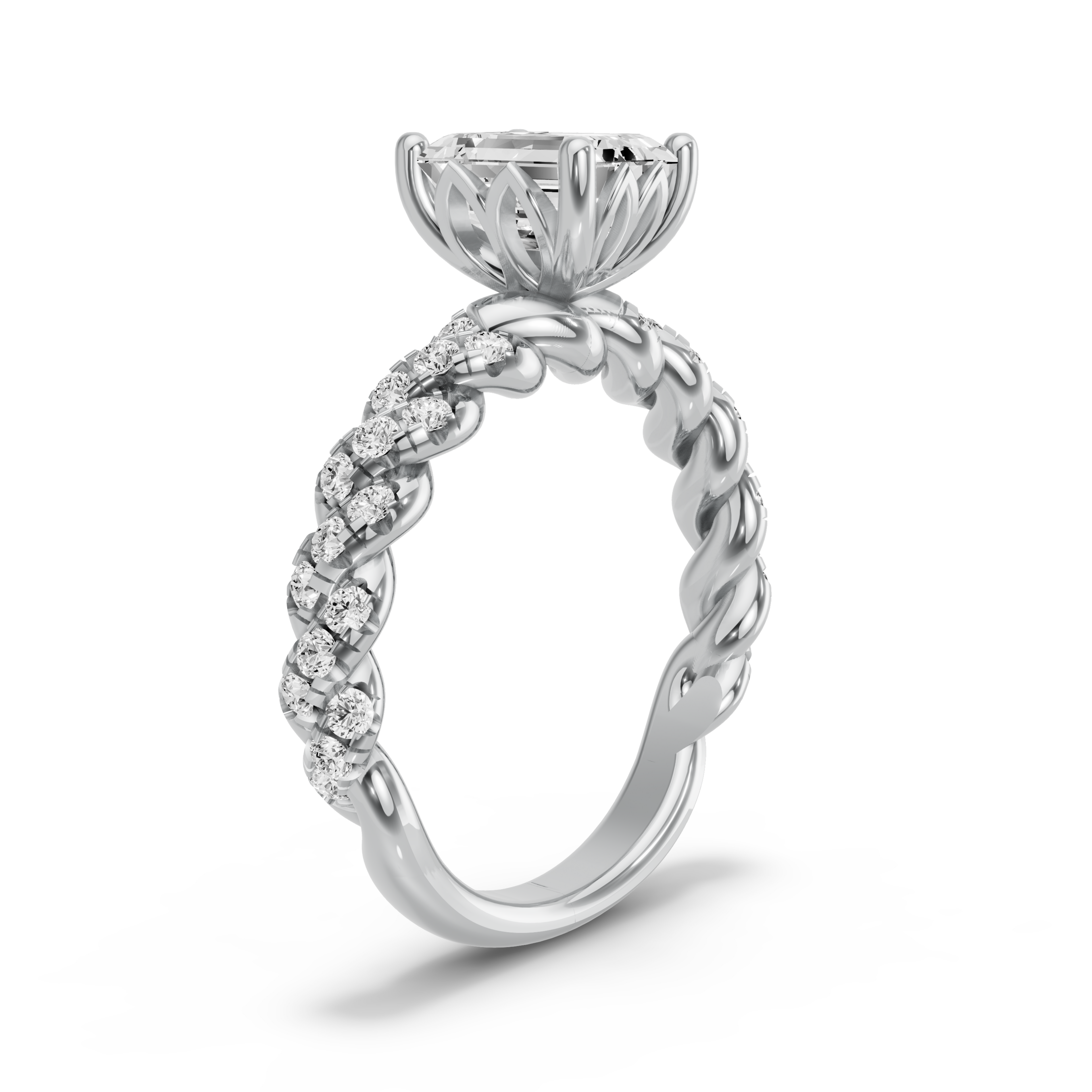 Image for Emerald Lotus Basket Ring with Twist Pave band in 10K White Gold