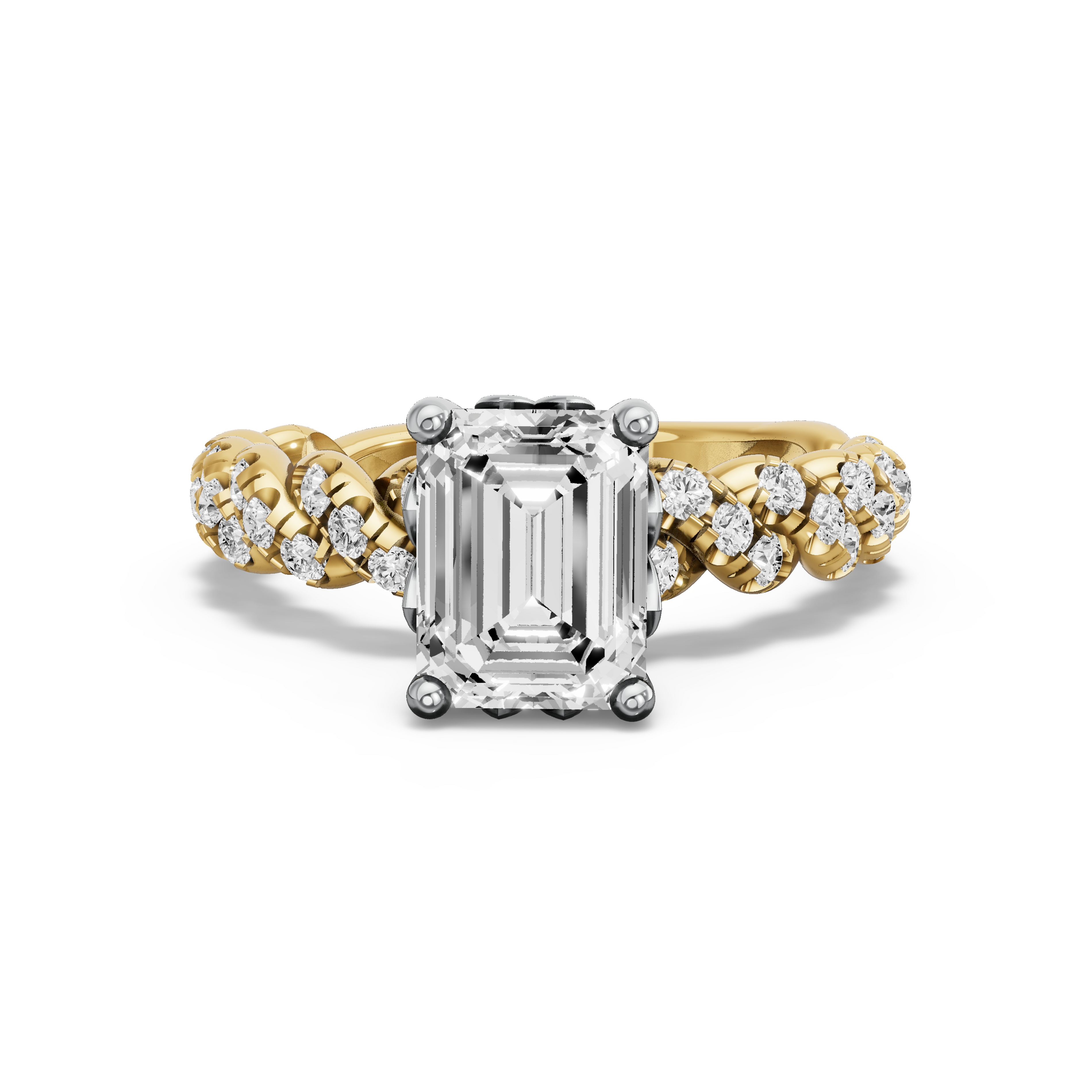 Image for Emerald Lotus Basket Ring with Twist Pave band in 18K Two Tone Yellow Gold