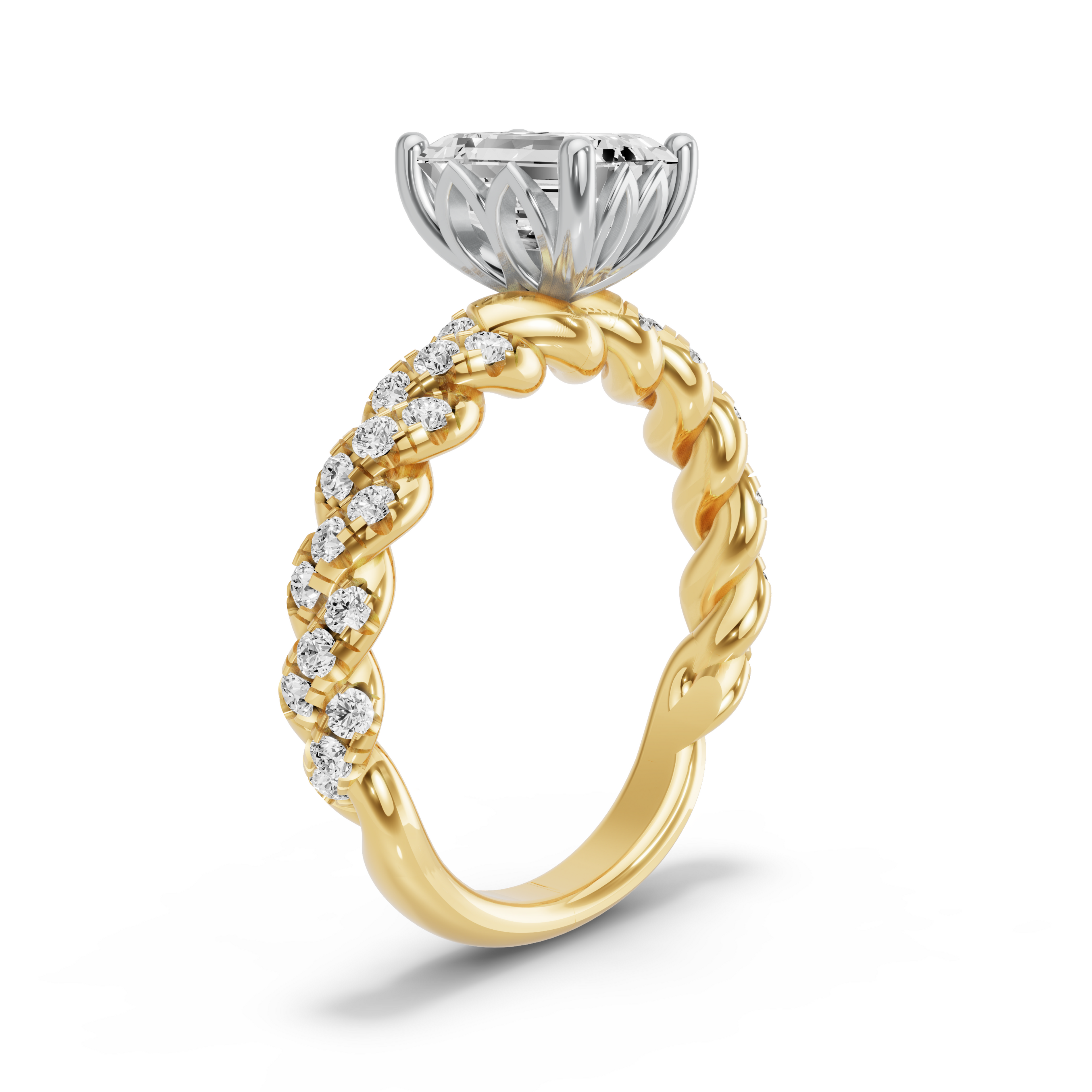 Image for Emerald Lotus Basket Ring with Twist Pave band in 10K Two Tone Yellow Gold