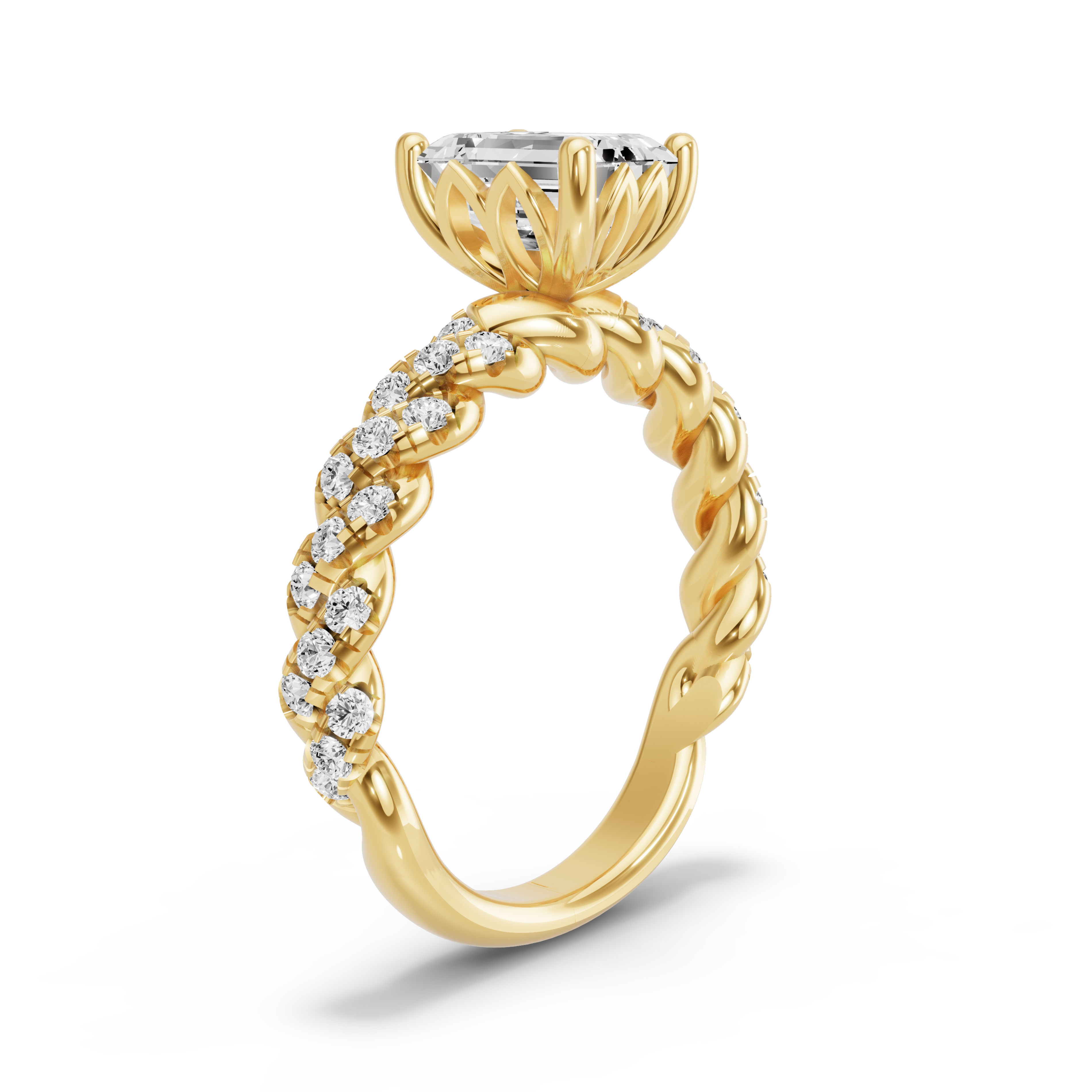 Image for Emerald Lotus Basket Ring with Twist Pave band in 18K Yellow Gold
