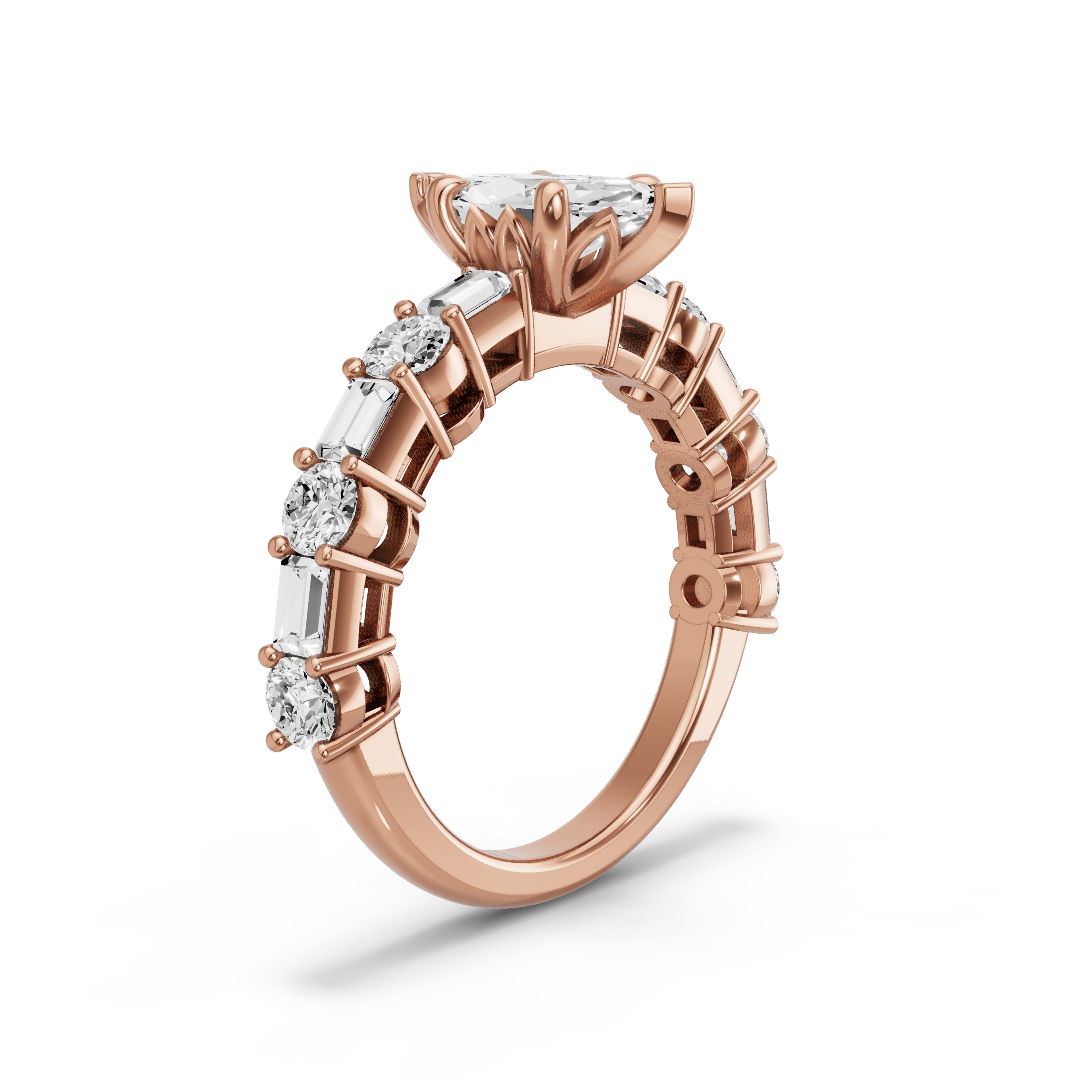 Image for Marquise Lotus Basket Ring with Alternating Baguette band in 14K Rose Gold