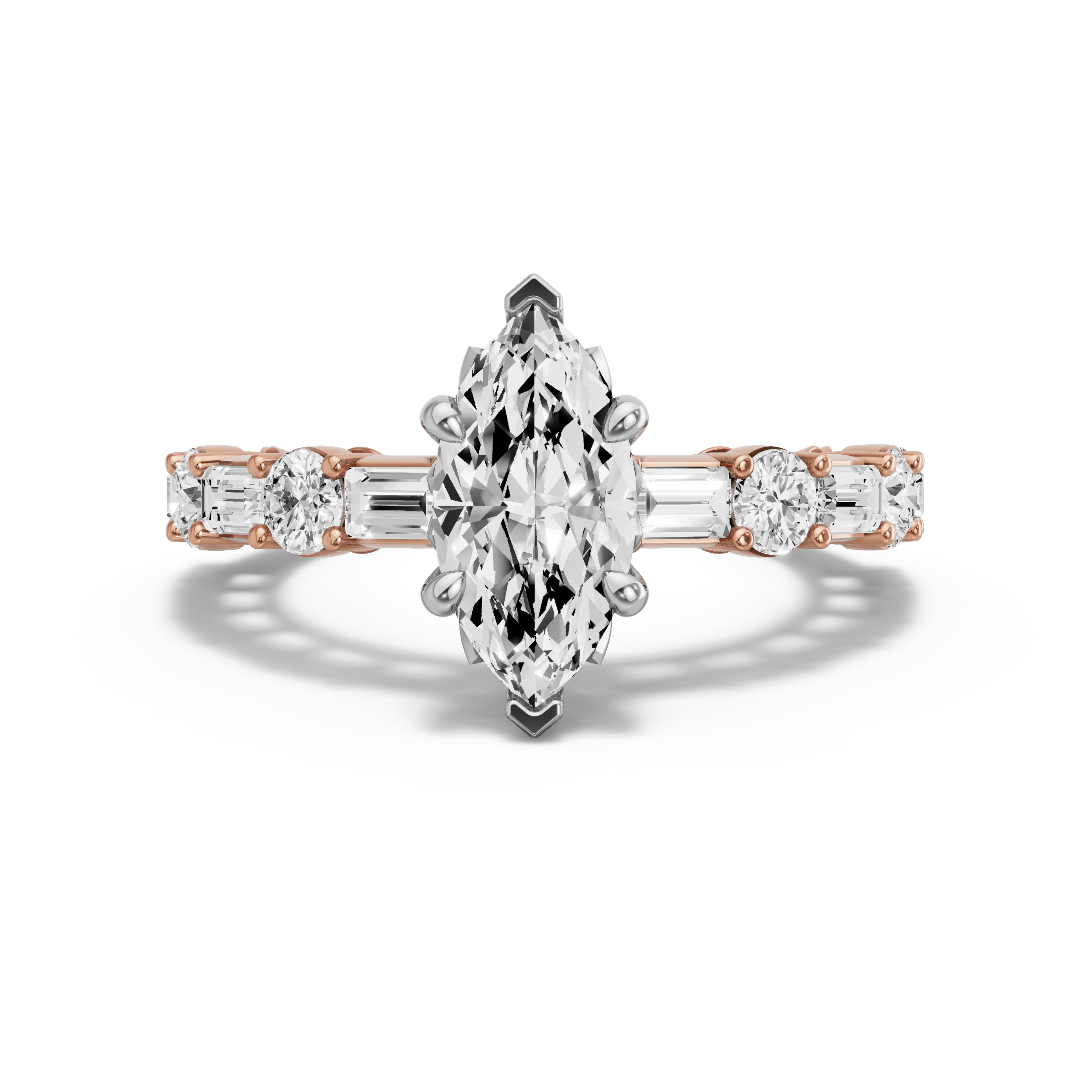 Image for Marquise Lotus Basket Ring with Alternating Baguette band in 14K Two Tone Rose Gold