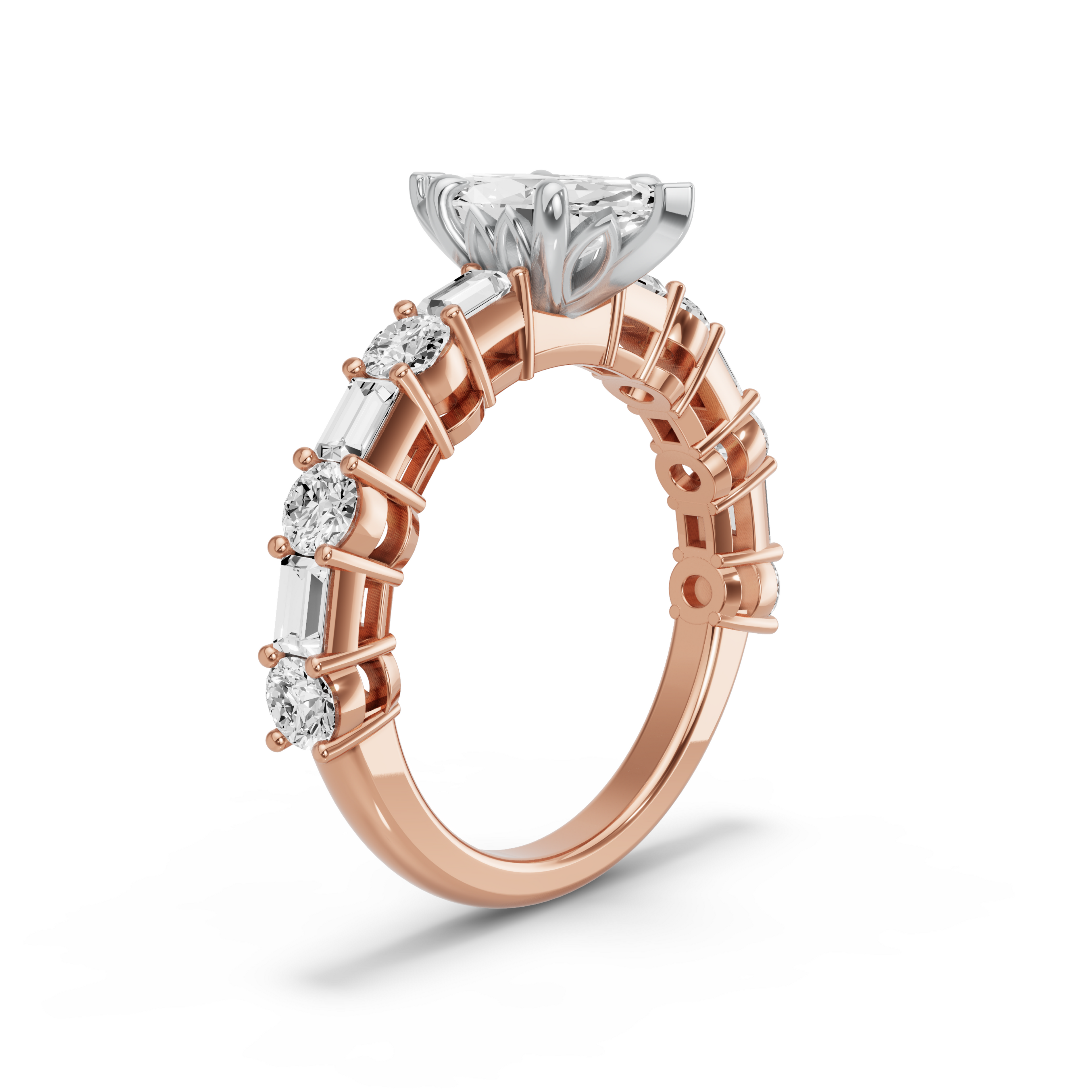 Image for Marquise Lotus Basket Ring with Alternating Baguette band in 14K Two Tone Rose Gold