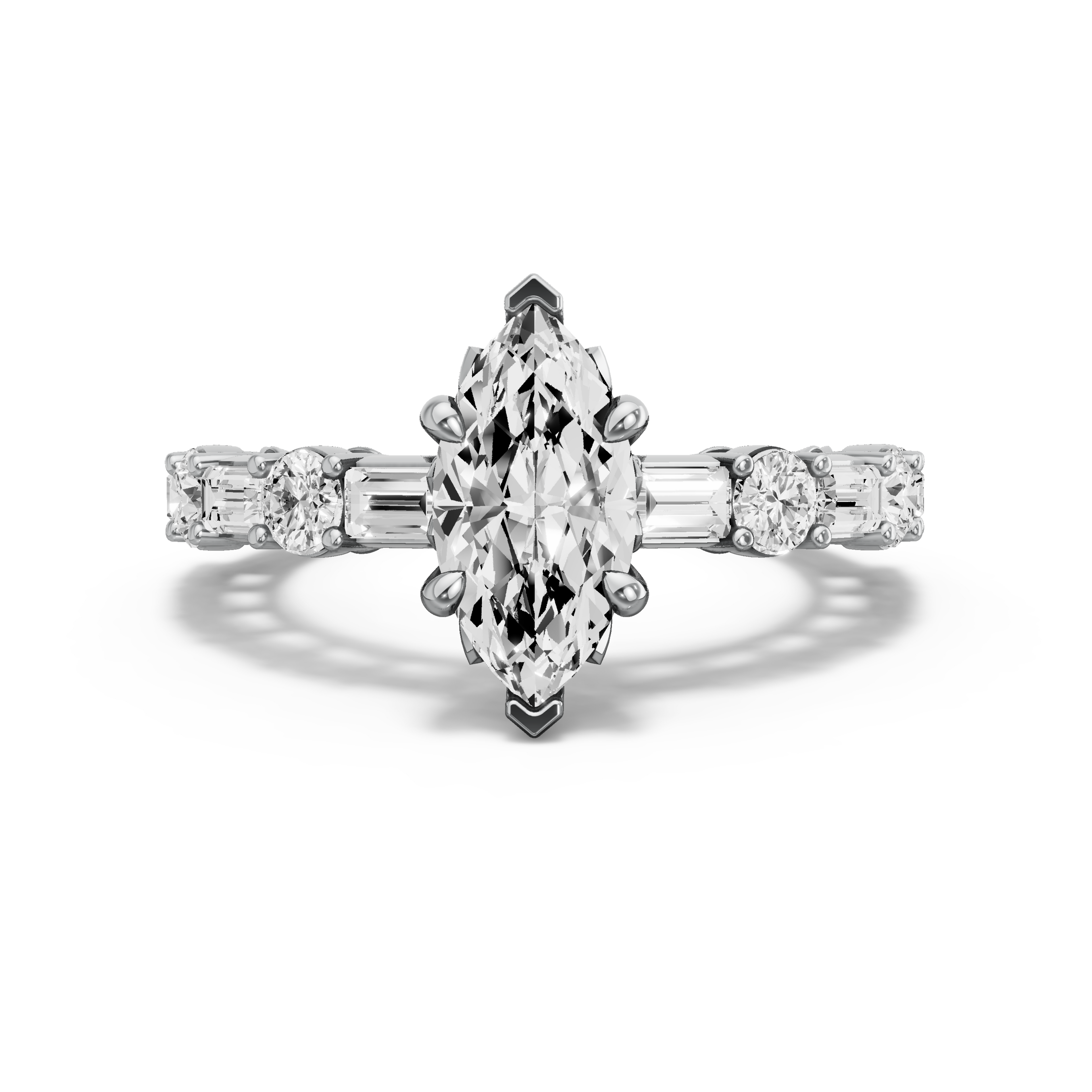 Image for Marquise Lotus Basket Ring with Alternating Baguette band in 10K White Gold