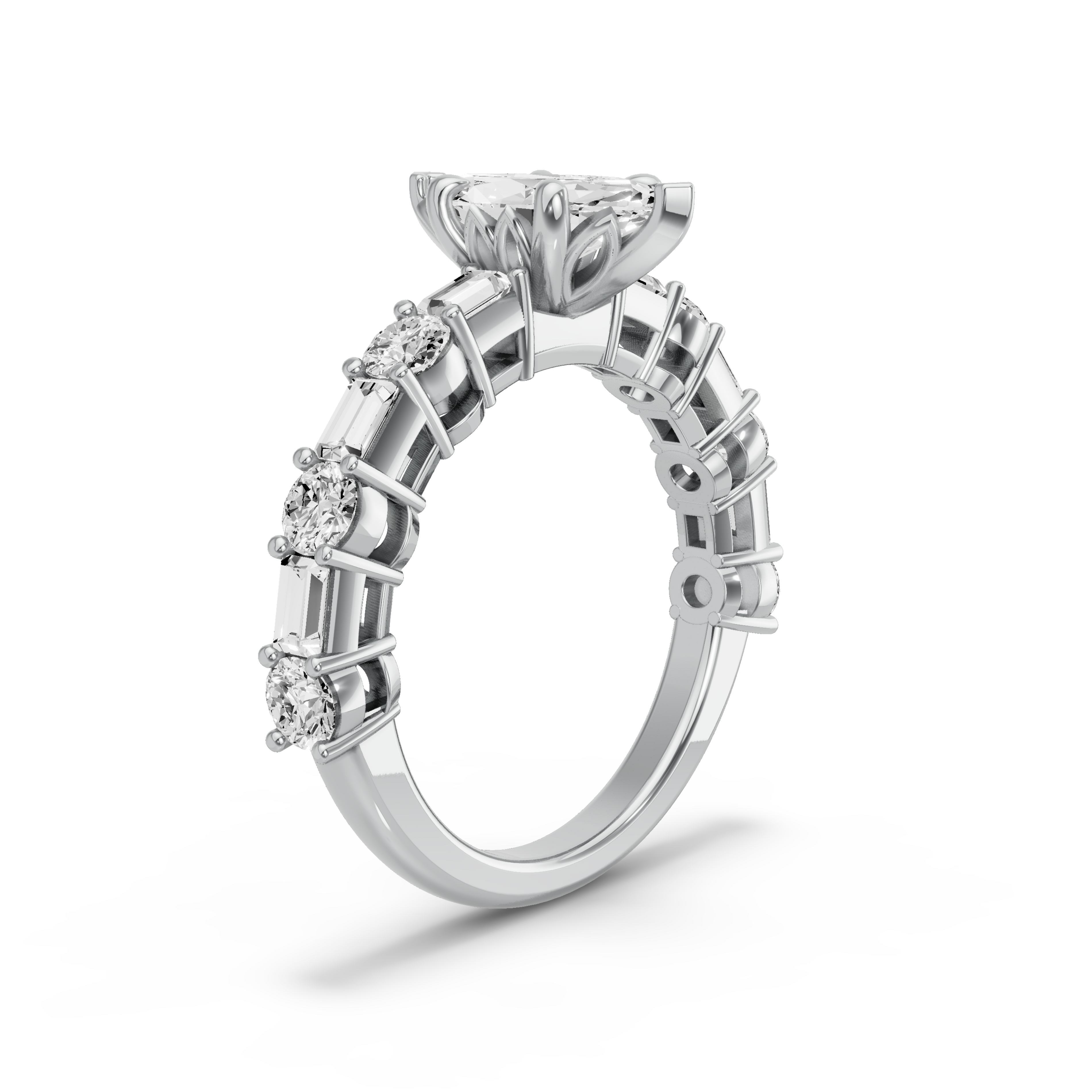 Image for Marquise Lotus Basket Ring with Alternating Baguette band in 14K White Gold