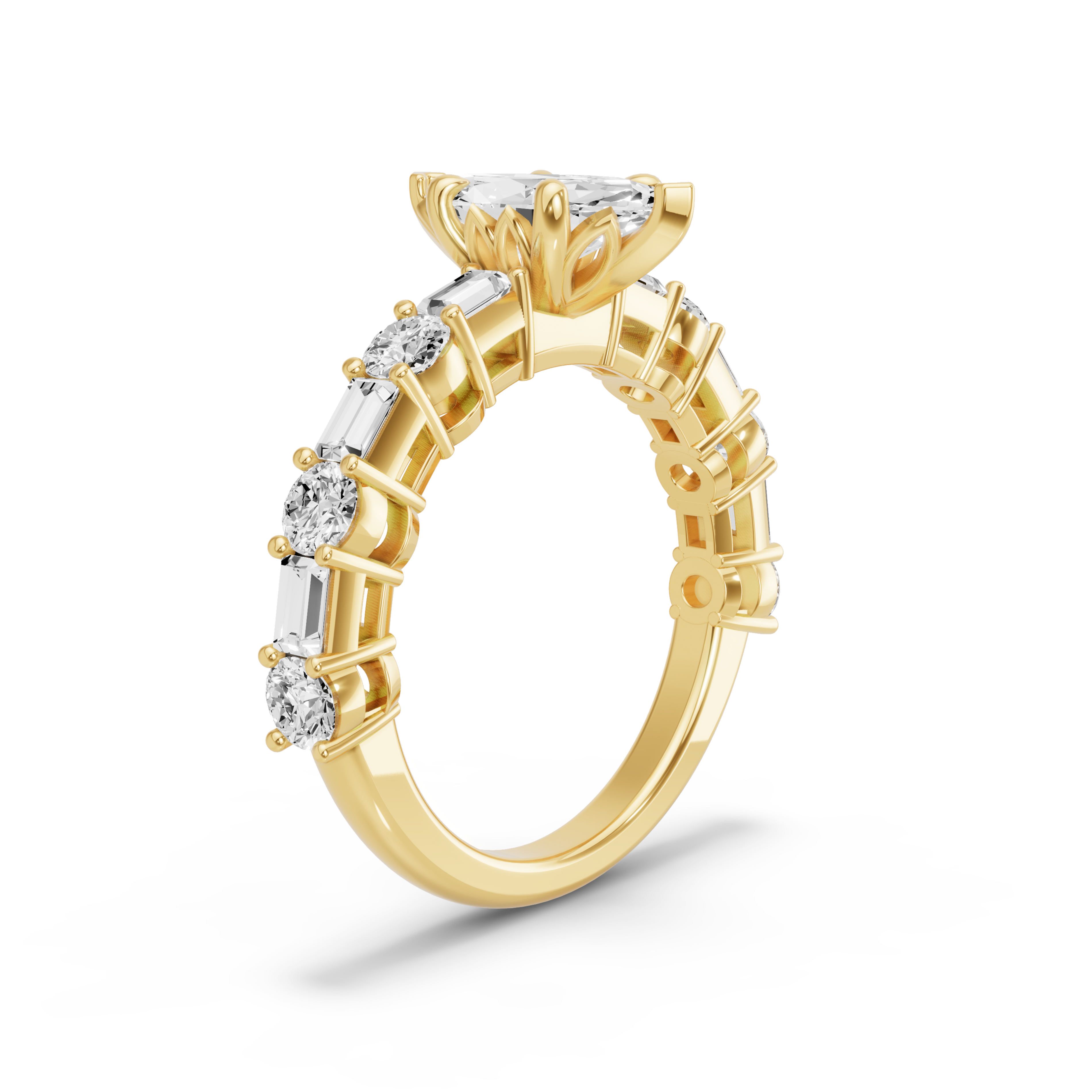 Image for Marquise Lotus Basket Ring with Alternating Baguette band in 18K Yellow Gold