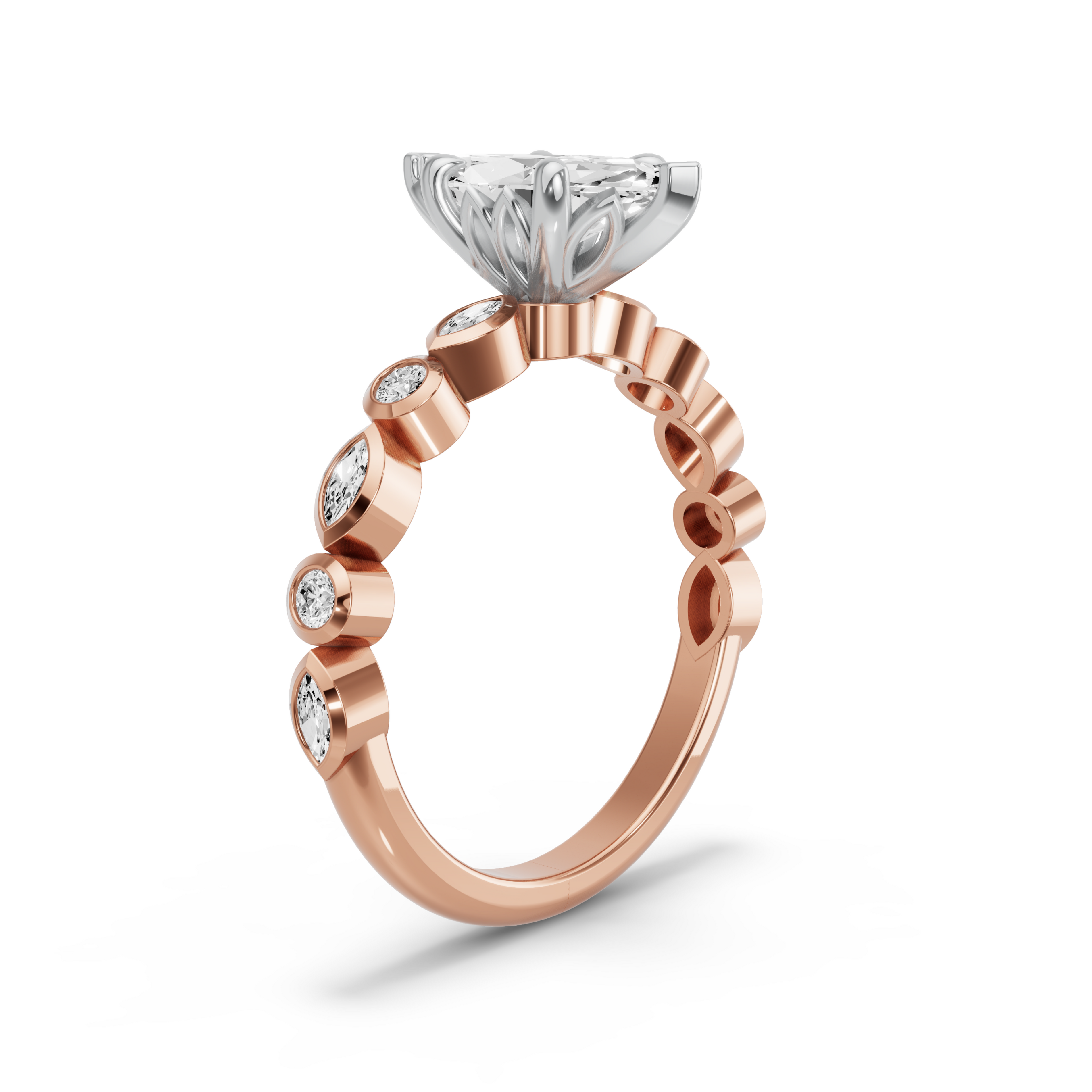 Image for Marquise Lotus Basket Ring with Alternating Marquise band in 10K Two Tone Rose Gold