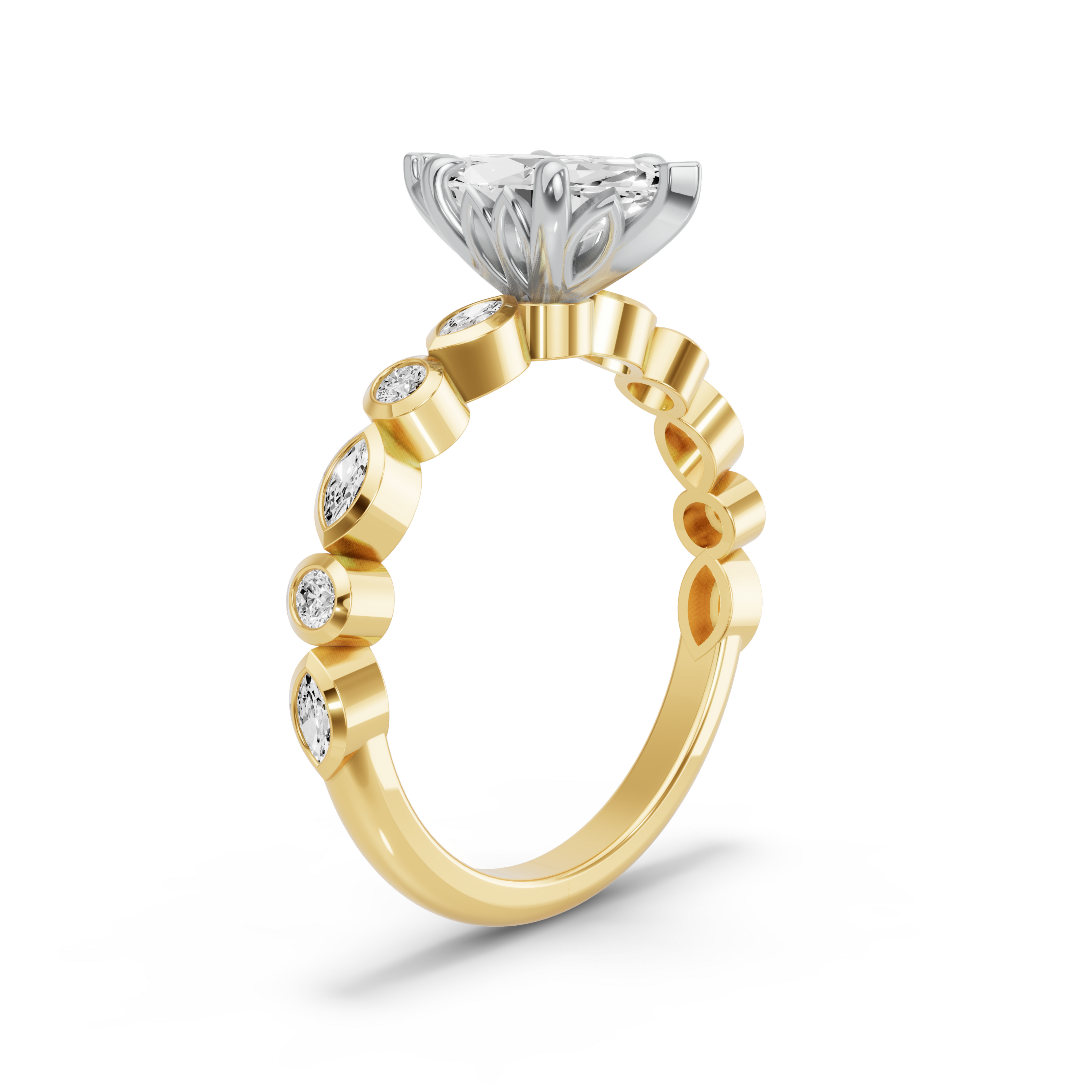 Image for Marquise Lotus Basket Ring with Alternating Marquise band in 18K Two Tone Yellow Gold