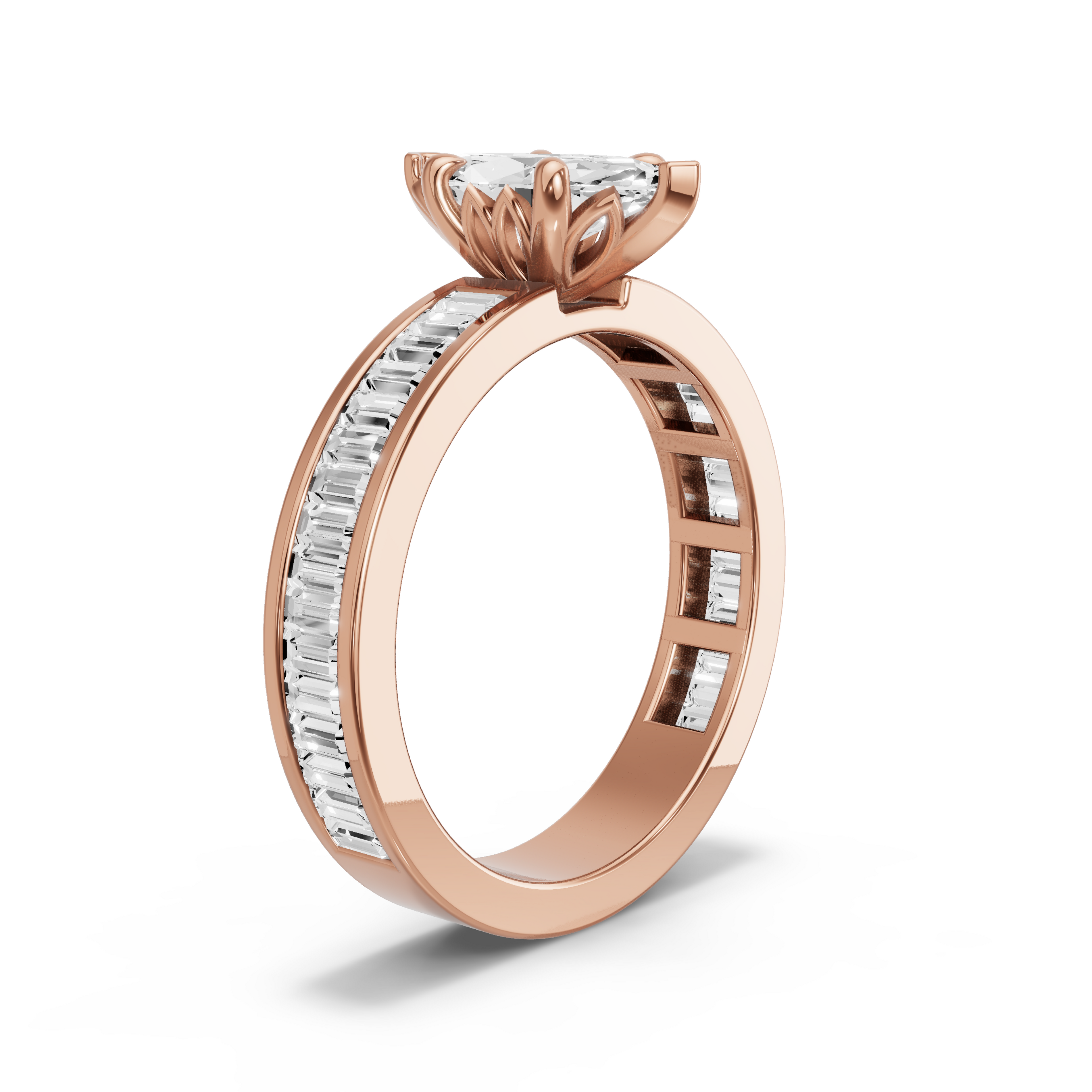 Image for Marquise Lotus Basket Ring with Baguette Channel band in 10K Rose Gold