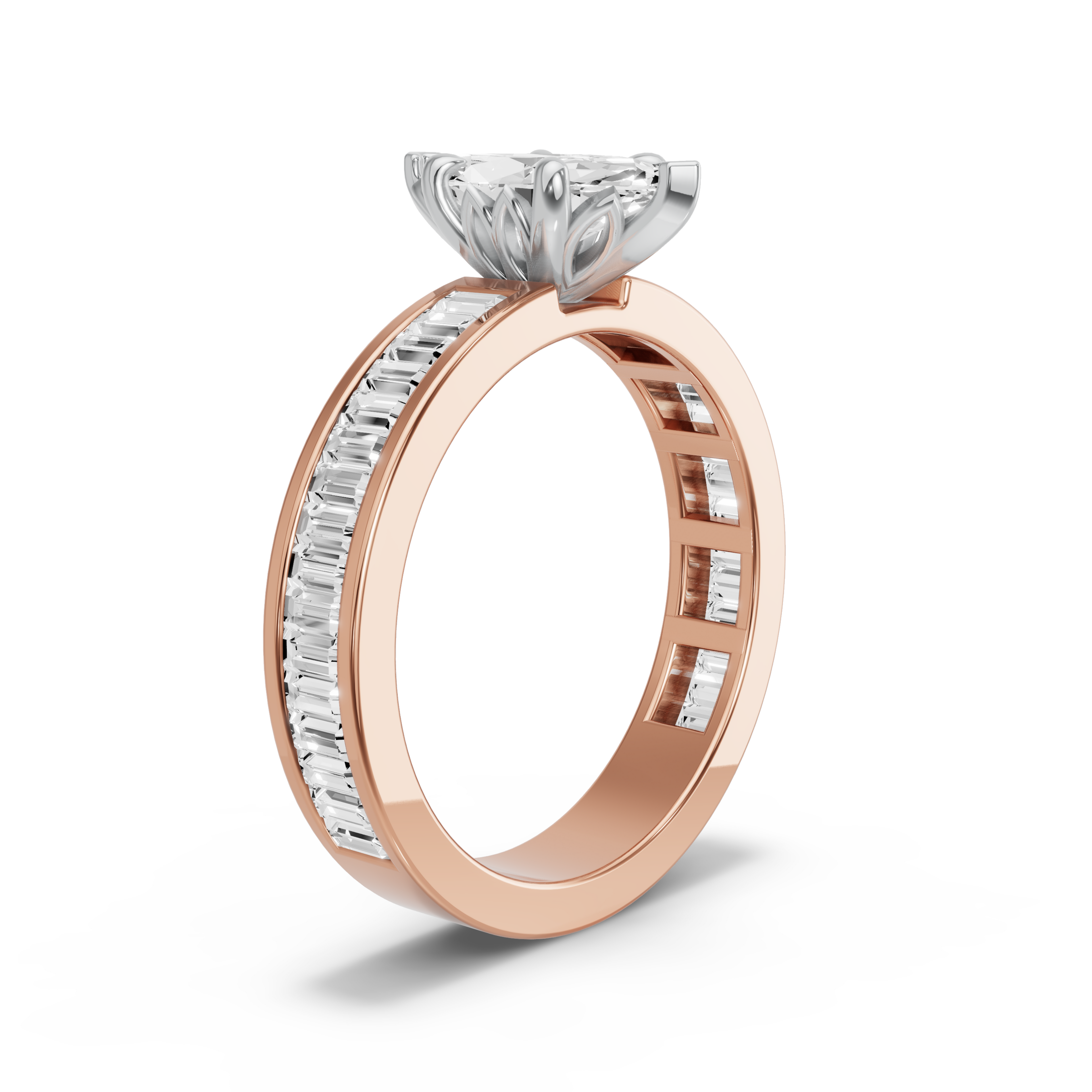 Image for Marquise Lotus Basket Ring with Baguette Channel band in 10K Two Tone Rose Gold
