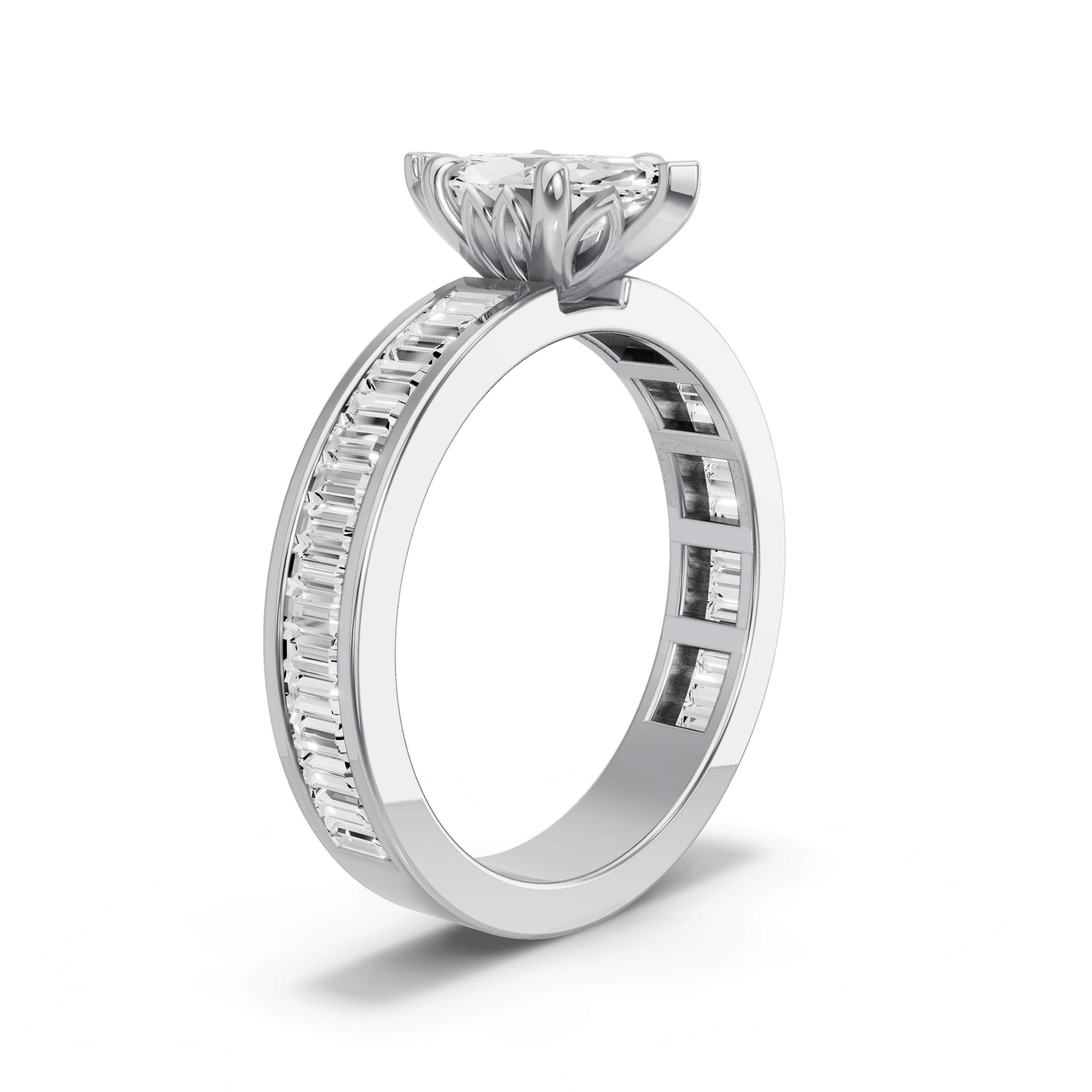Image for Marquise Lotus Basket Ring with Baguette Channel band in 950 Platinum