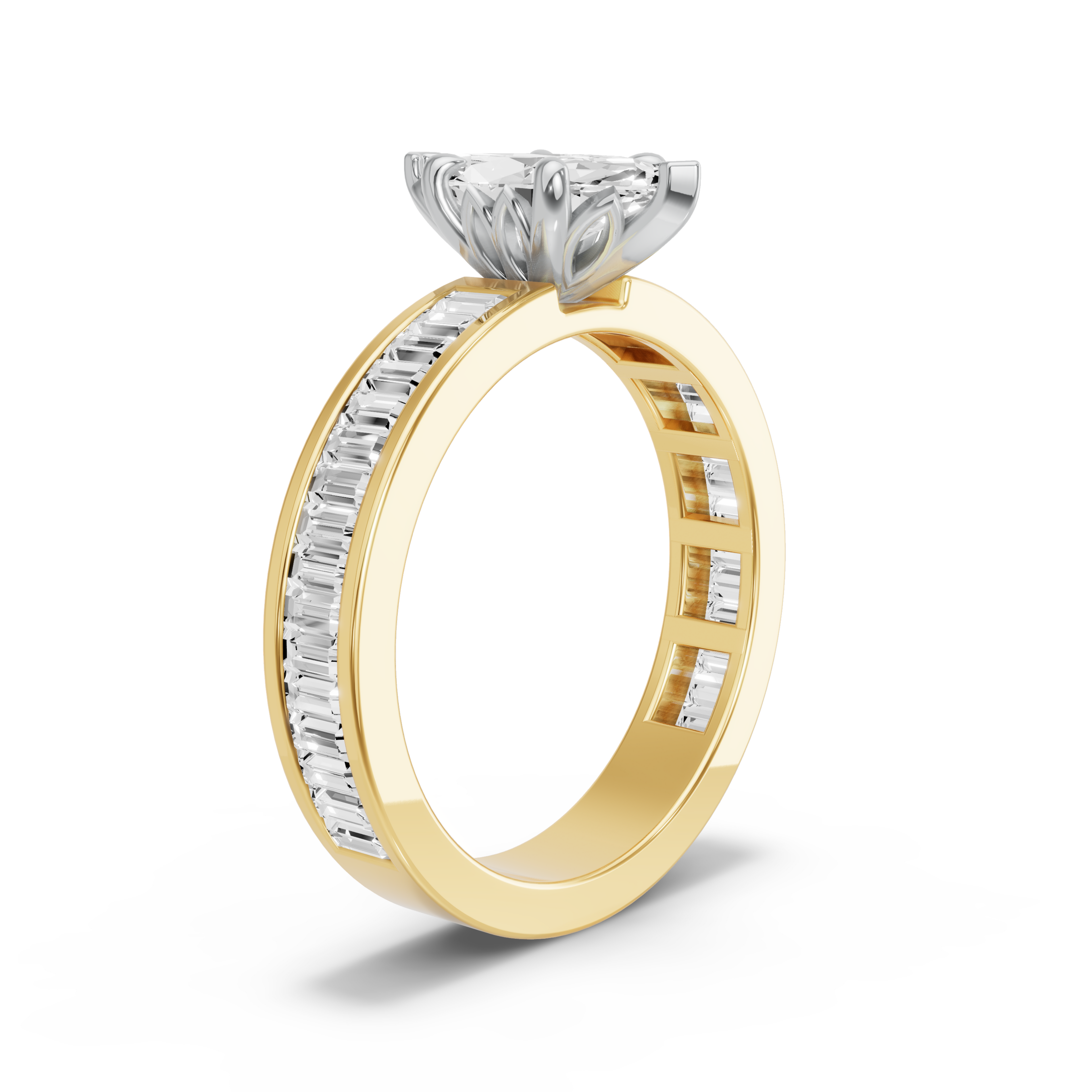 Image for Marquise Lotus Basket Ring with Baguette Channel band in 14K Two Tone Yellow Gold