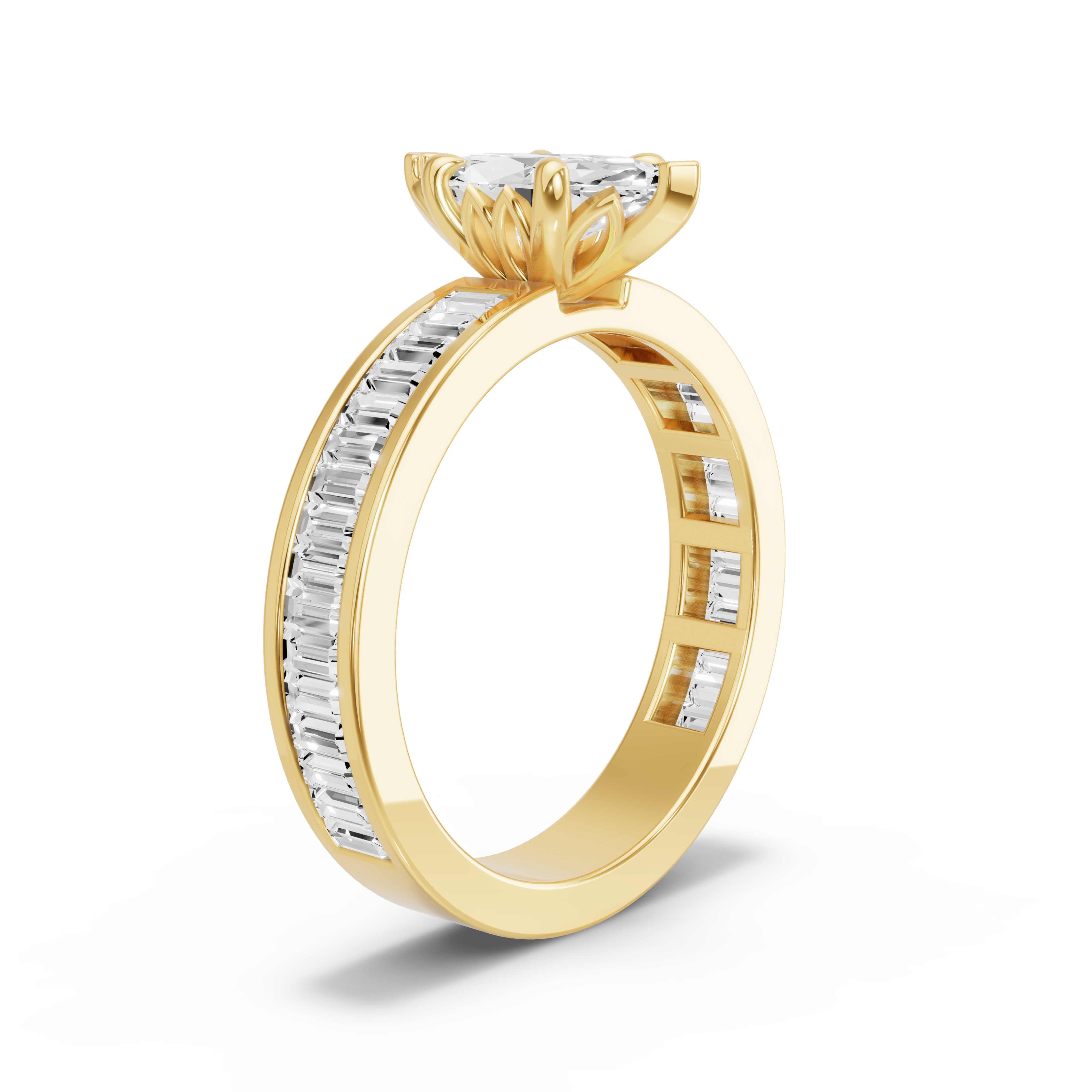Image for Marquise Lotus Basket Ring with Baguette Channel band in 14K Yellow Gold
