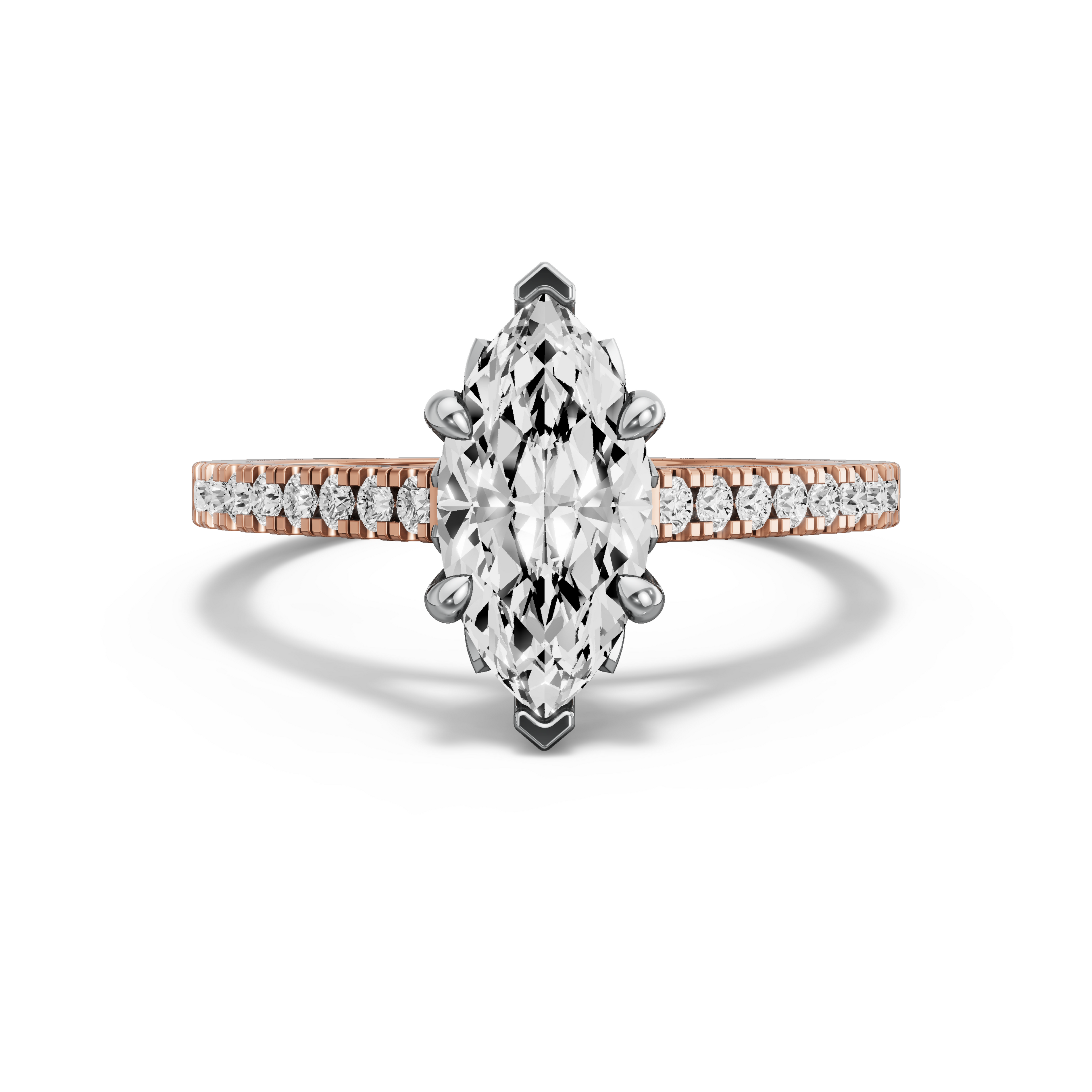 Image for Marquise Lotus Basket Ring with Cathedral Pave band in 10K Two Tone Rose Gold