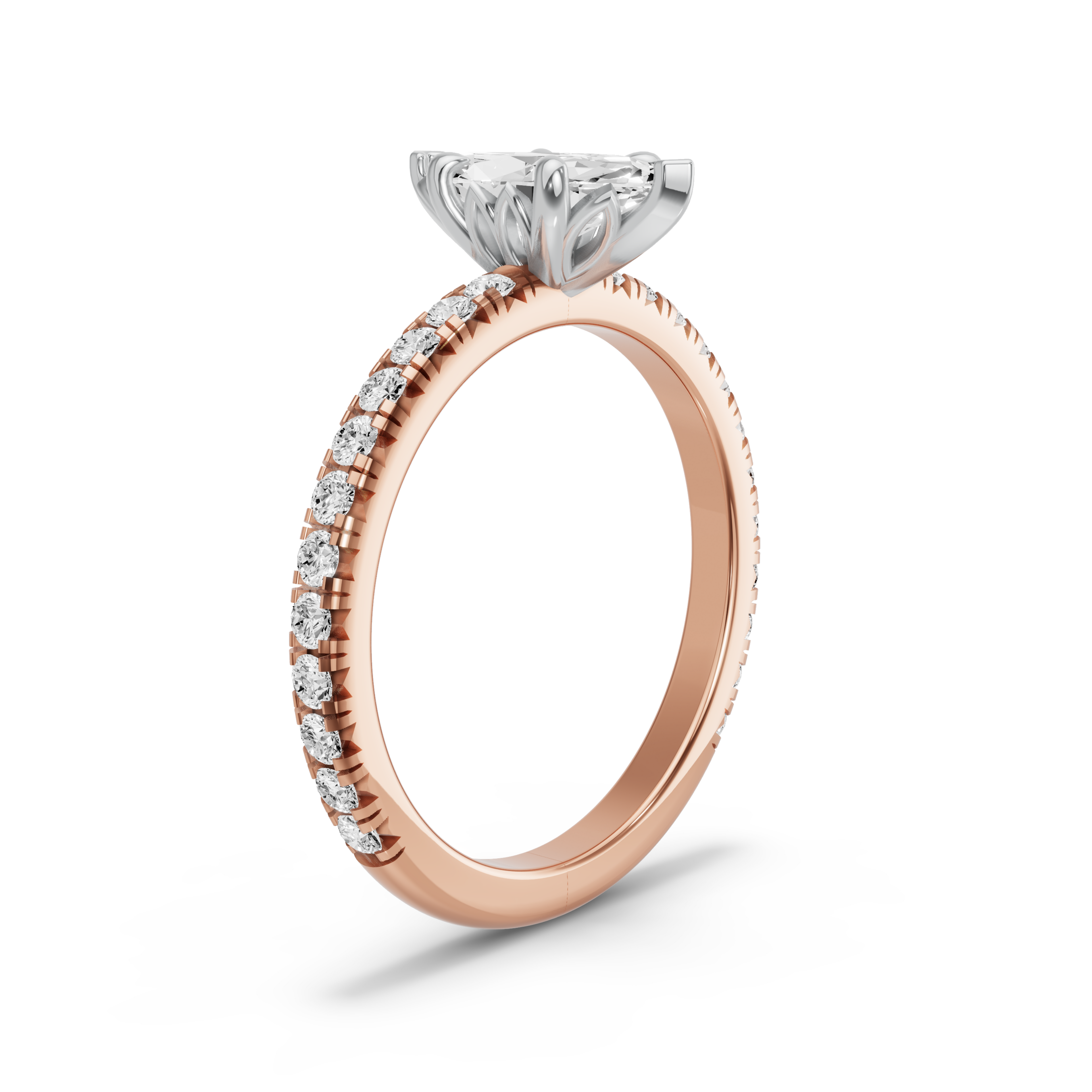 Image for Marquise Lotus Basket Ring with French Pave band in 18K Two Tone Rose Gold