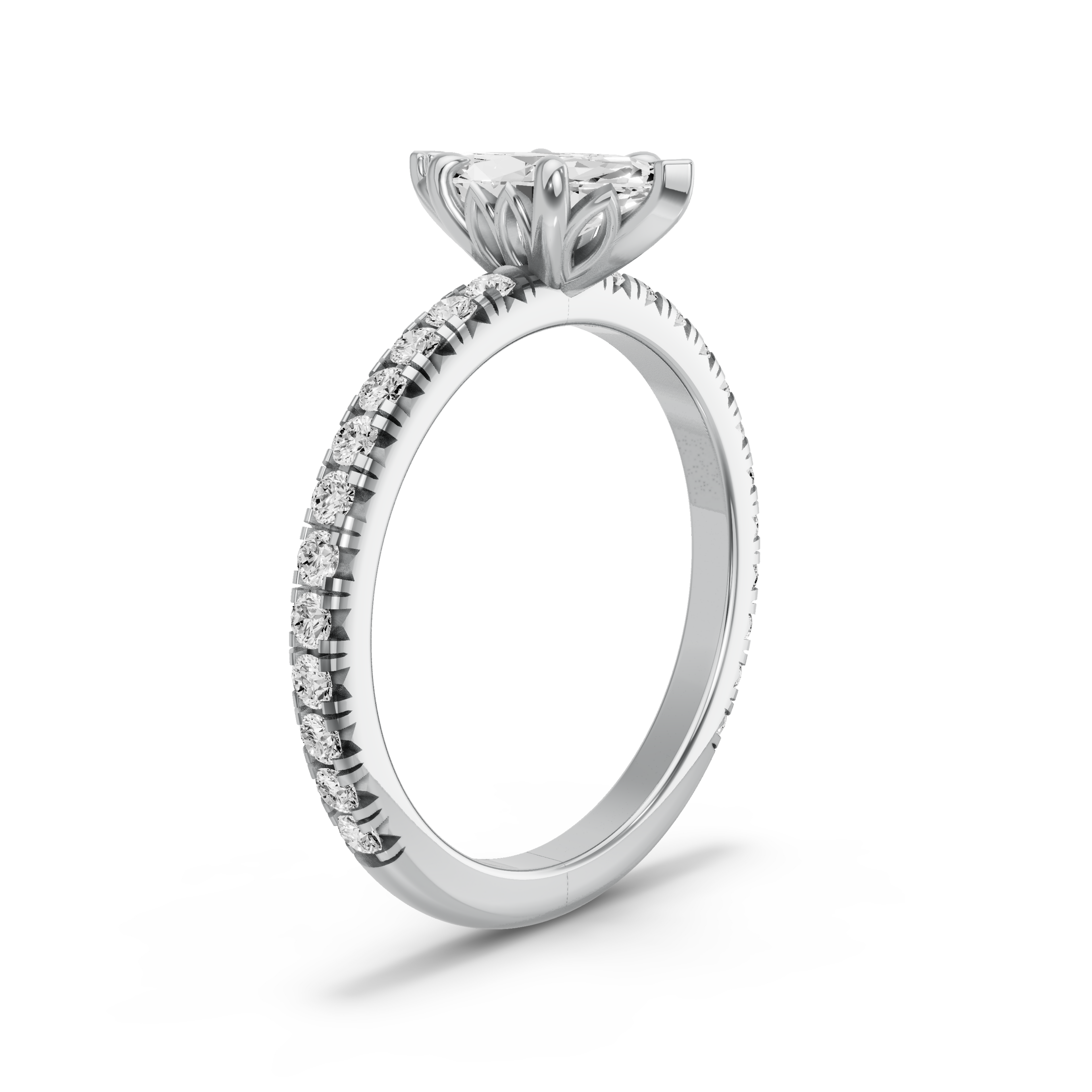 Image for Marquise Lotus Basket Ring with French Pave band in 18K White Gold