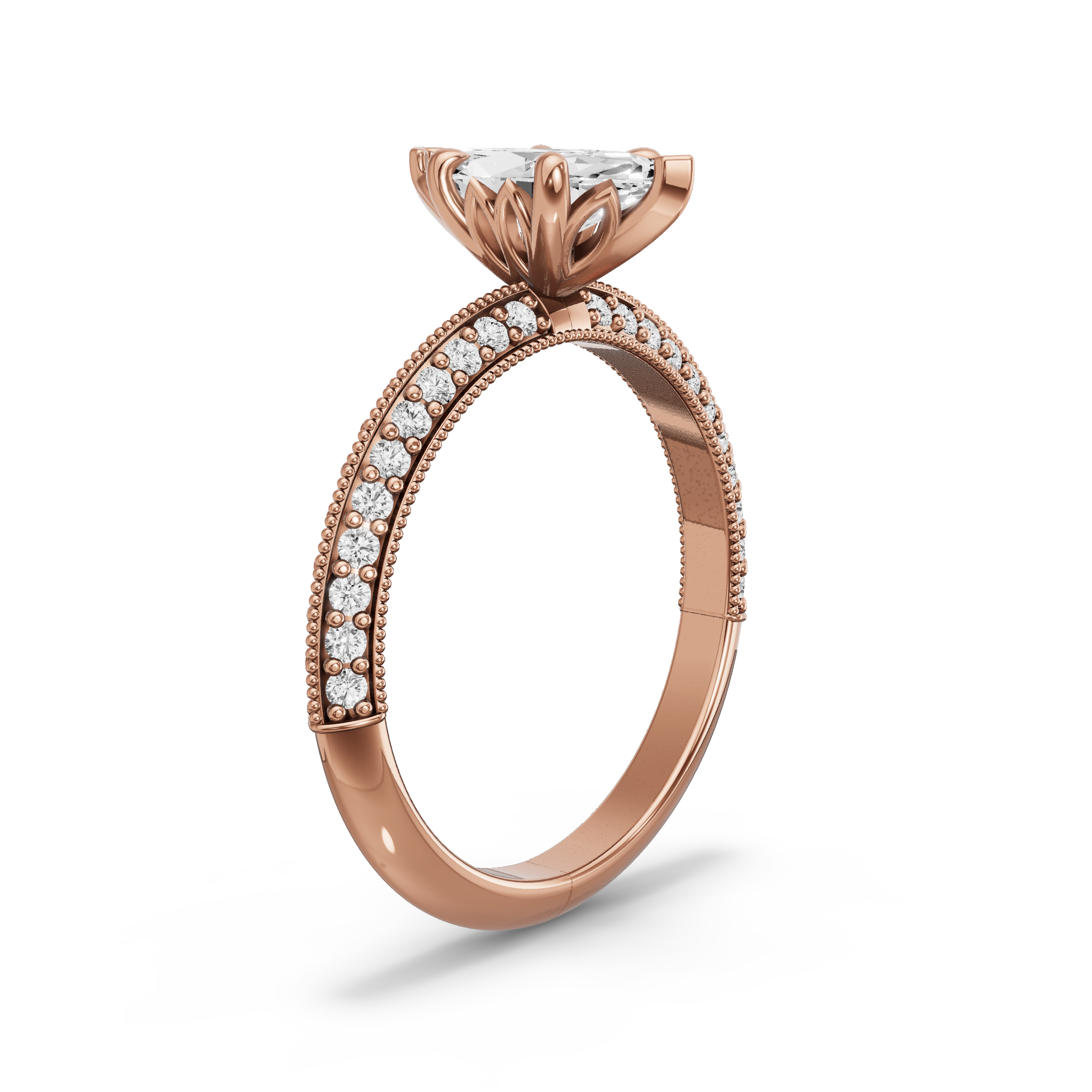 Image for Marquise Lotus Basket Ring with Knife Edge Pave band in 10K Rose Gold