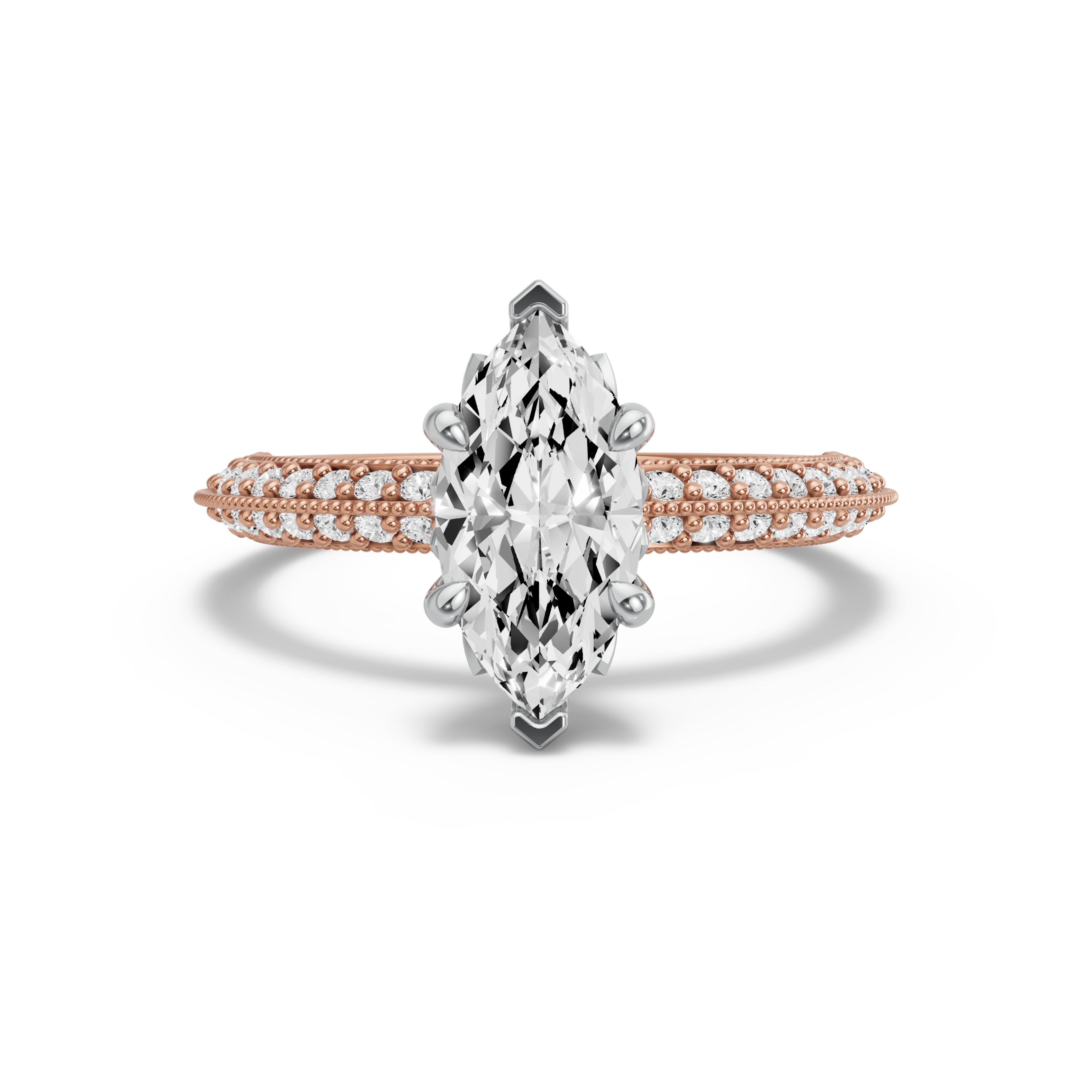 Image for Marquise Lotus Basket Ring with Knife Edge Pave band in 18K Two Tone Rose Gold