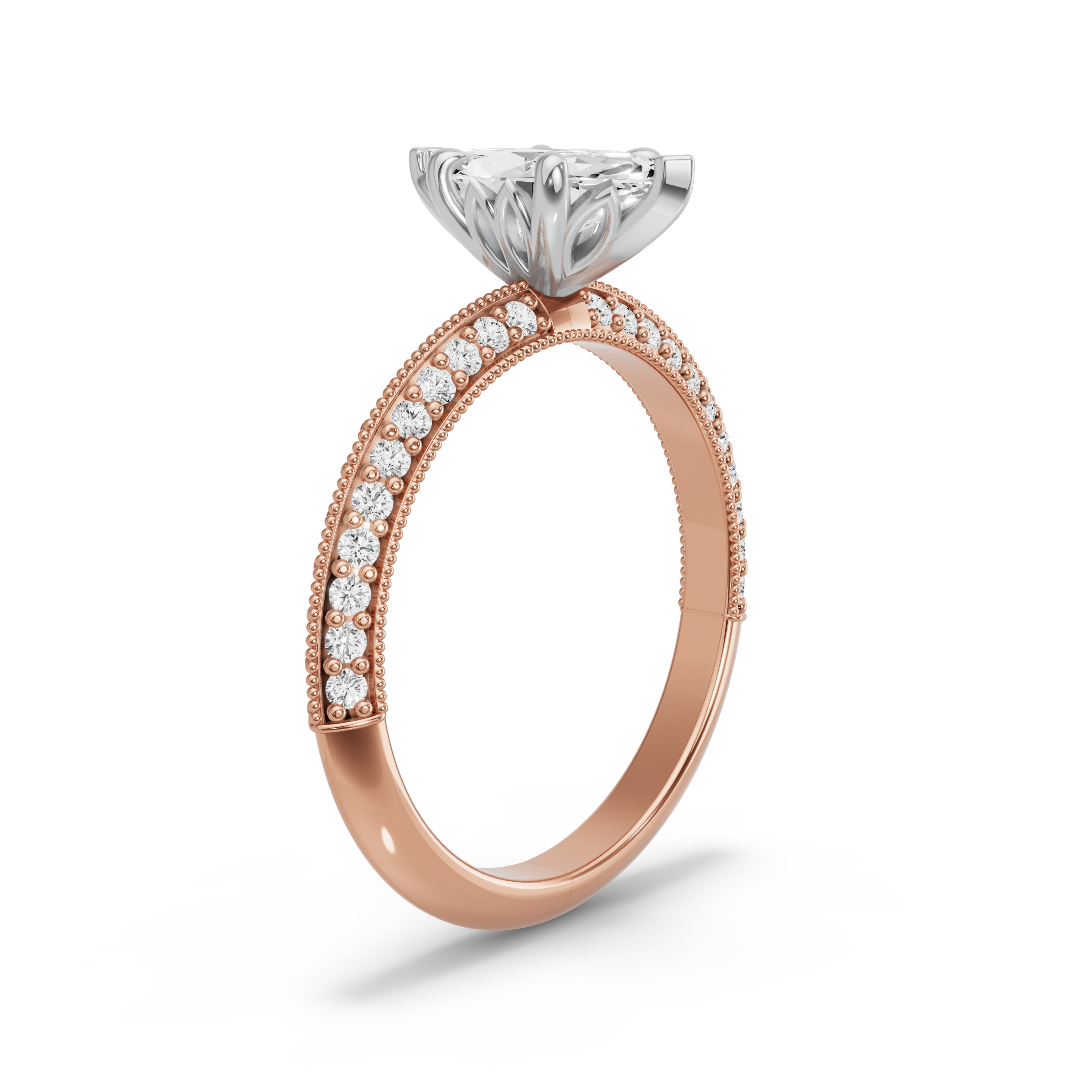Image for Marquise Lotus Basket Ring with Knife Edge Pave band in 18K Two Tone Rose Gold