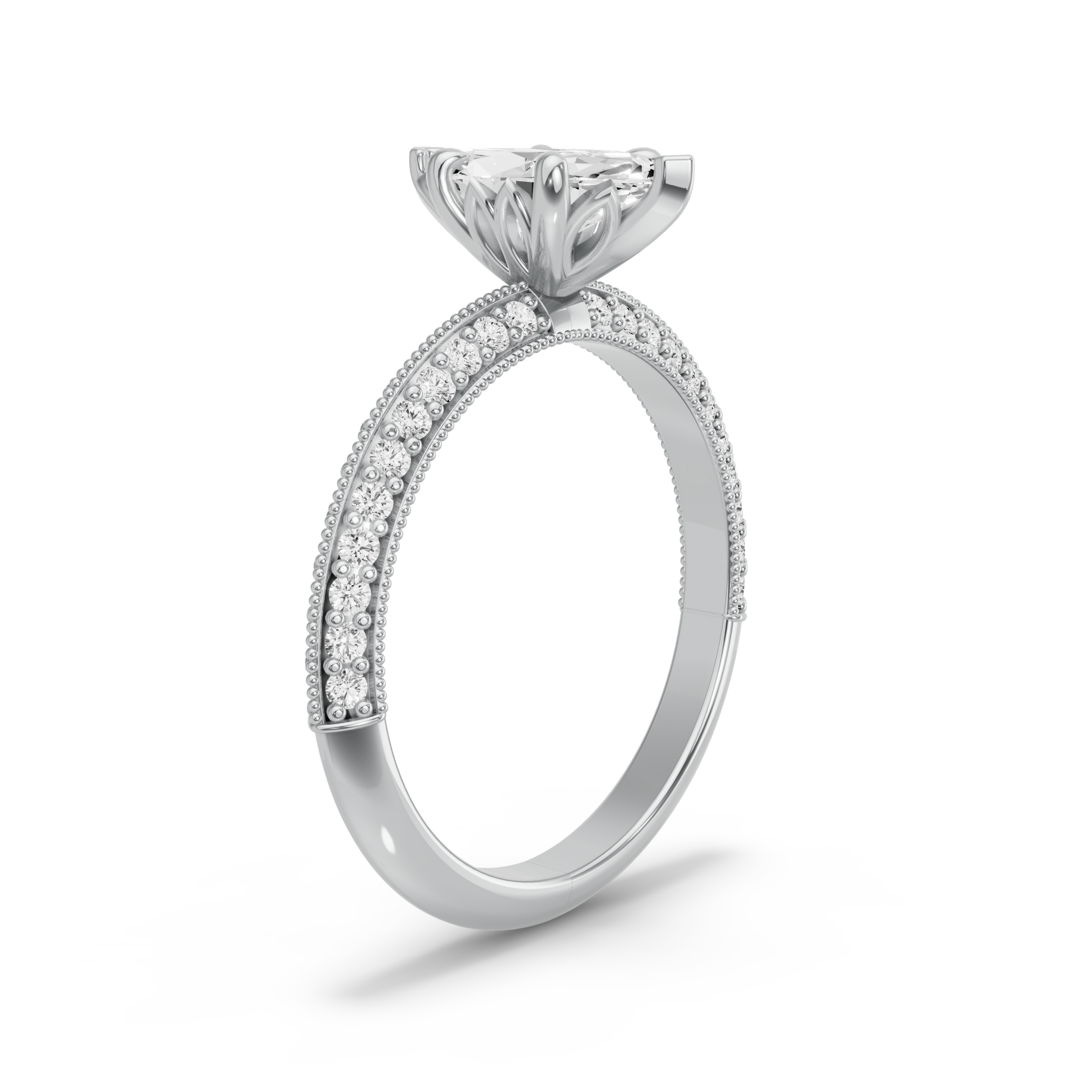 Image for Marquise Lotus Basket Ring with Knife Edge Pave band in 14K White Gold