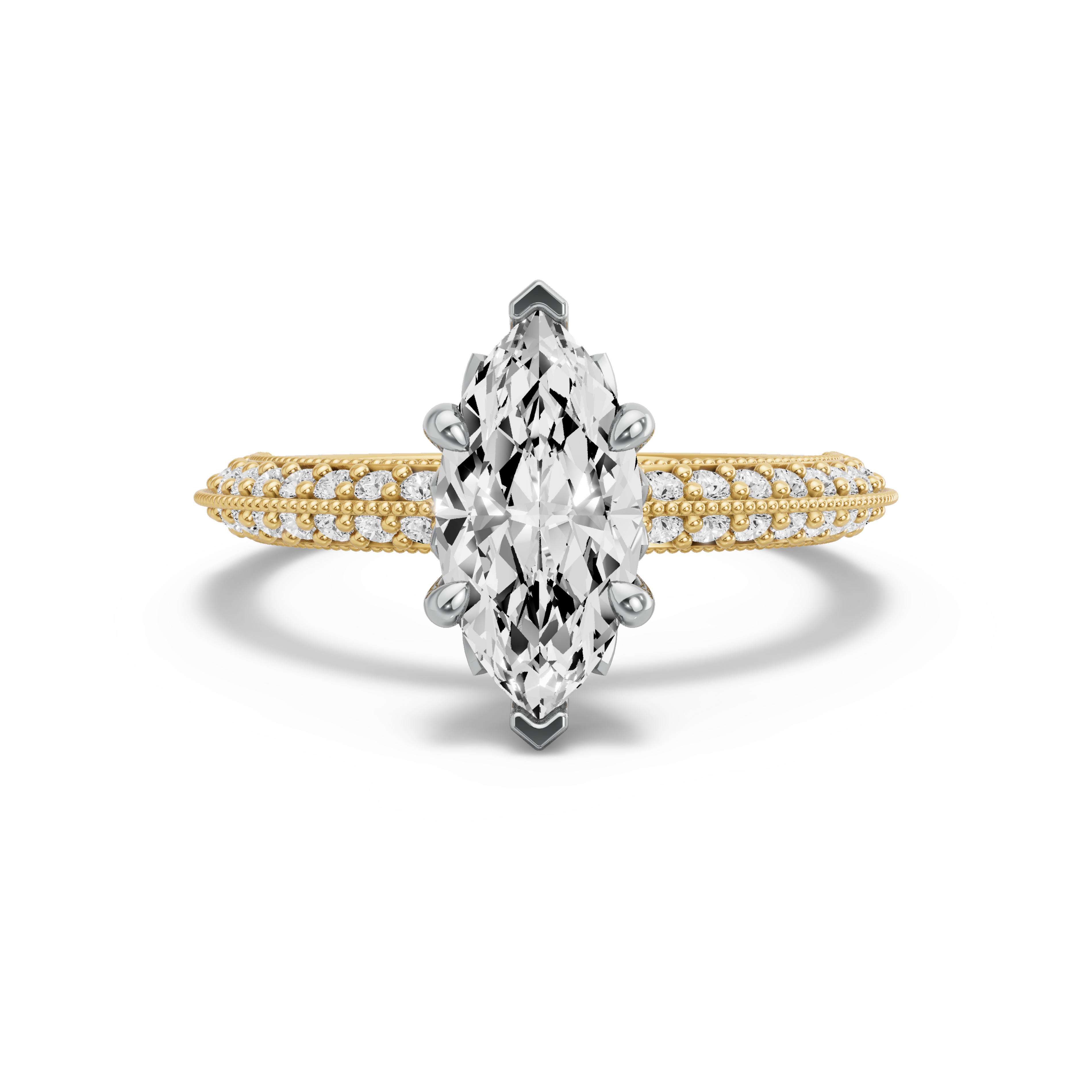 Image for Marquise Lotus Basket Ring with Knife Edge Pave band in 18K Two Tone Yellow Gold