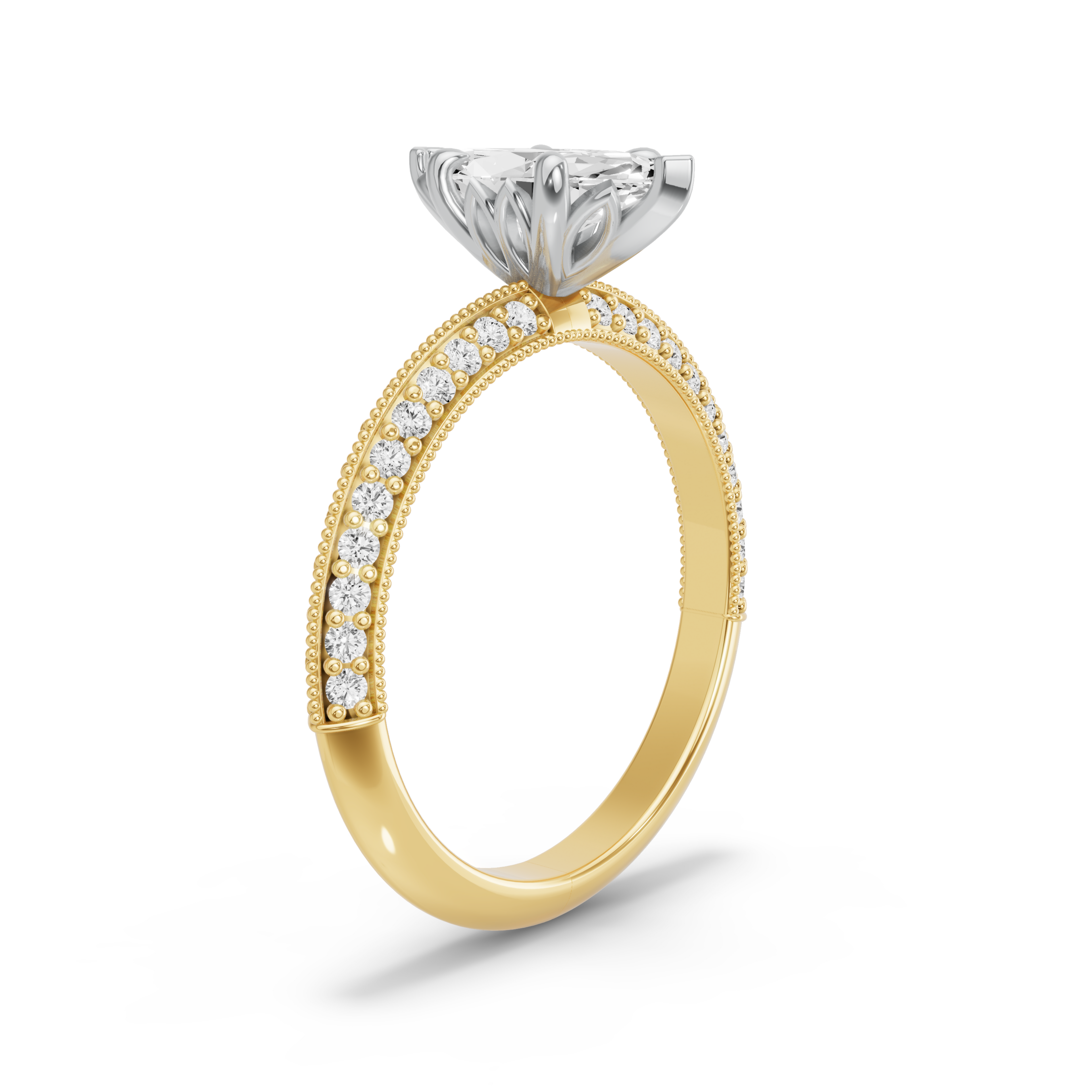 Image for Marquise Lotus Basket Ring with Knife Edge Pave band in 18K Two Tone Yellow Gold