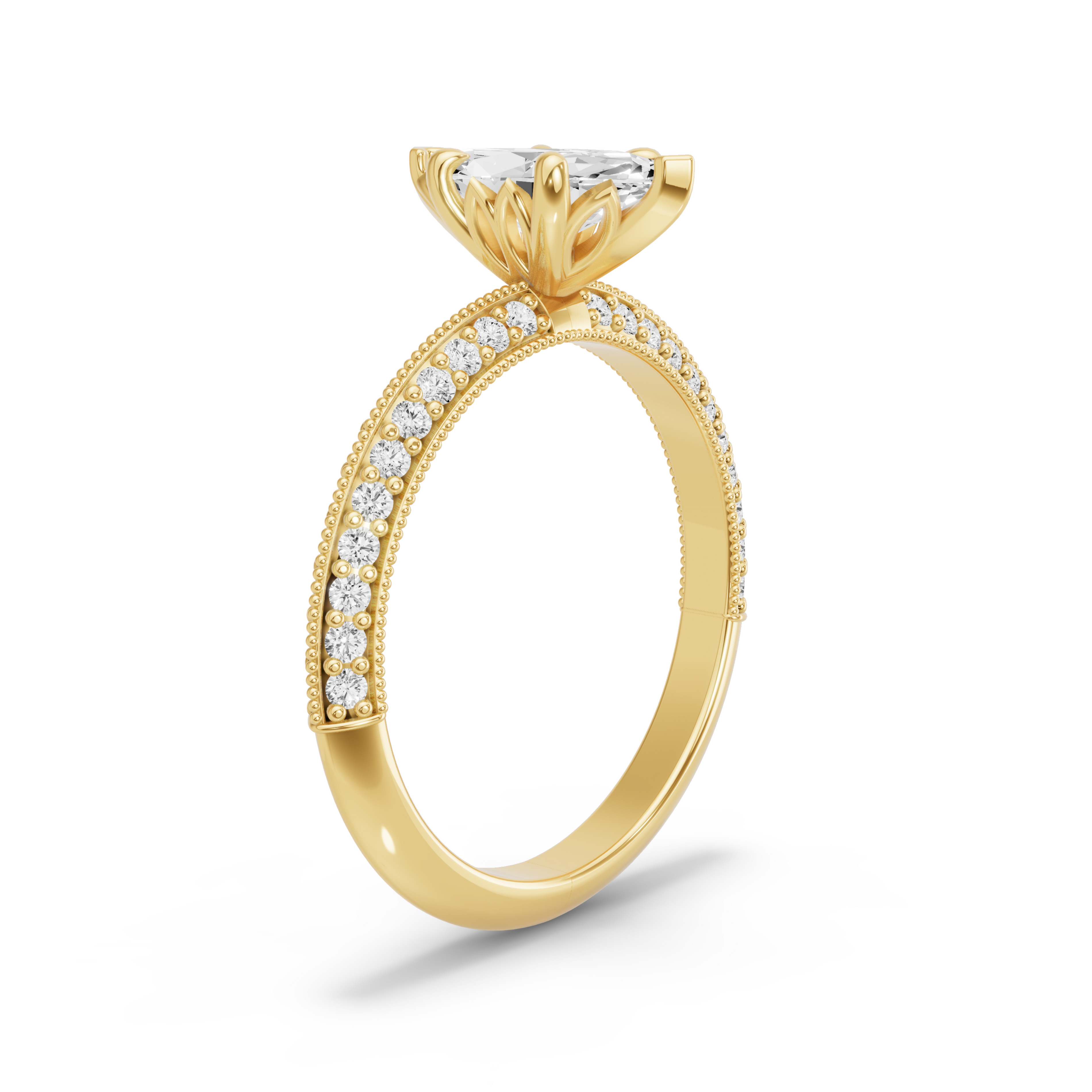 Image for Marquise Lotus Basket Ring with Knife Edge Pave band in 18K Yellow Gold