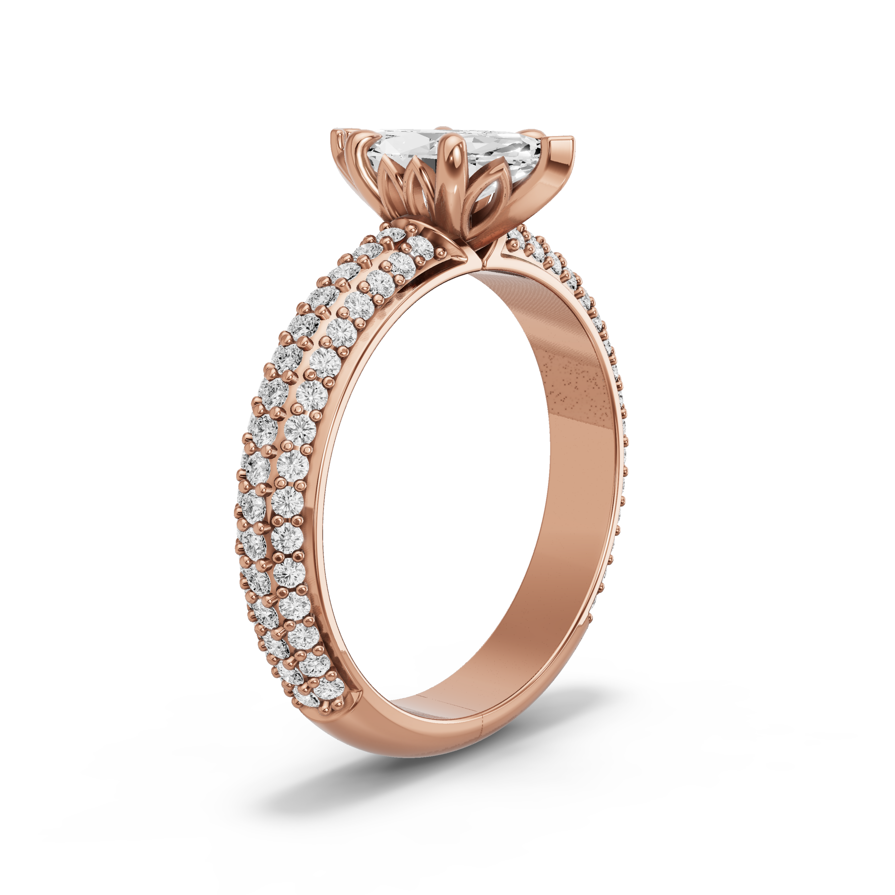 Image for Marquise Lotus Basket Ring with Triple Row Pave band in 10K Rose Gold