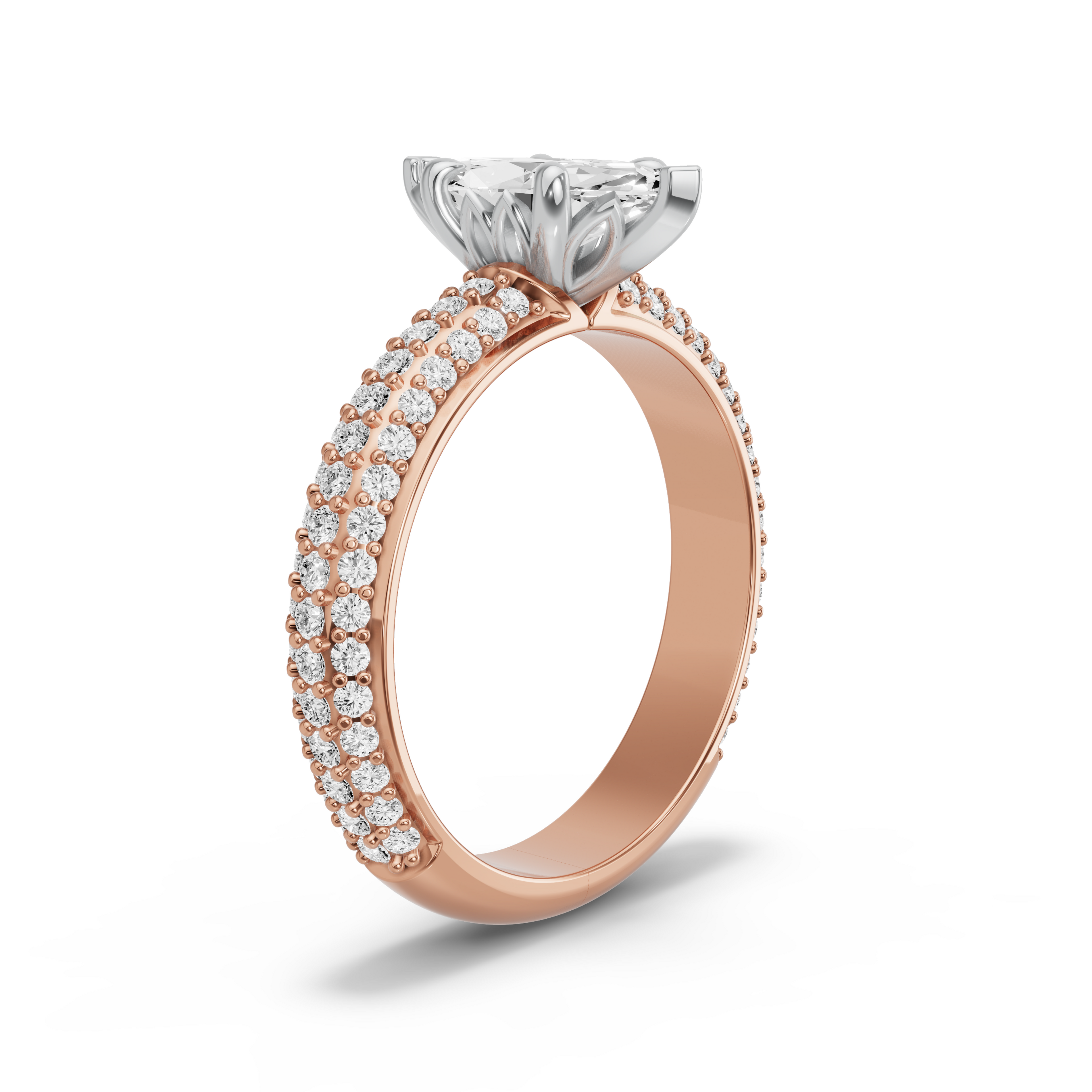 Image for Marquise Lotus Basket Ring with Triple Row Pave band in 18K Two Tone Rose Gold