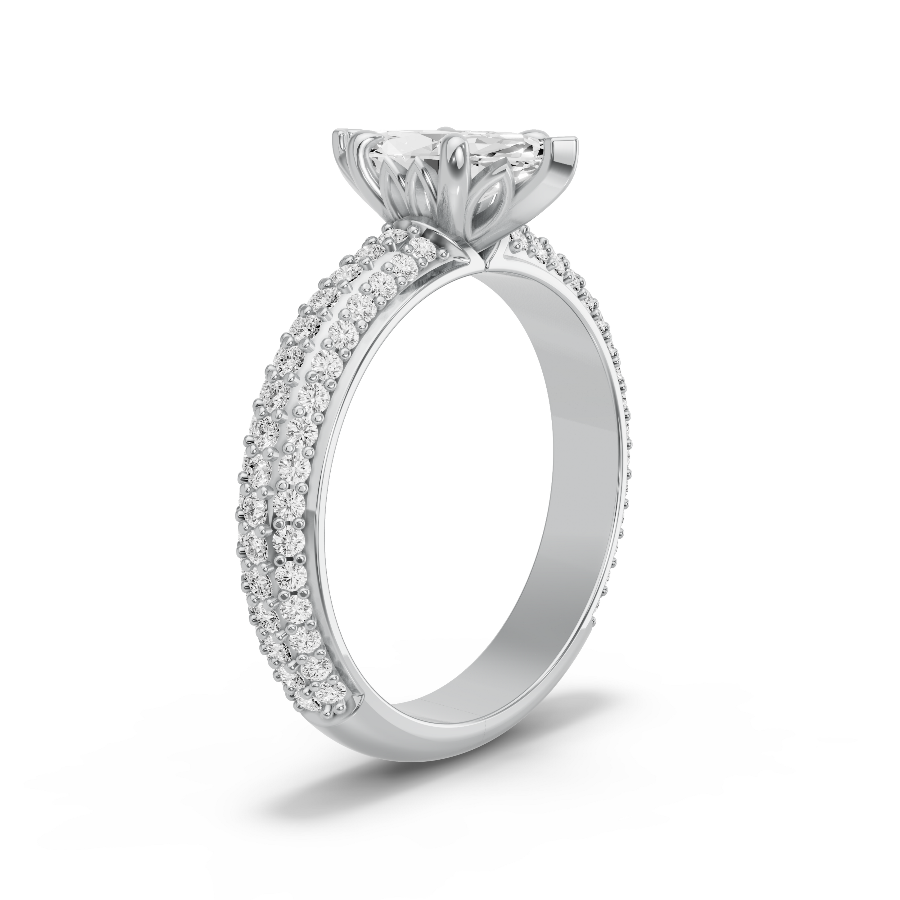 Image for Marquise Lotus Basket Ring with Triple Row Pave band in 14K White Gold