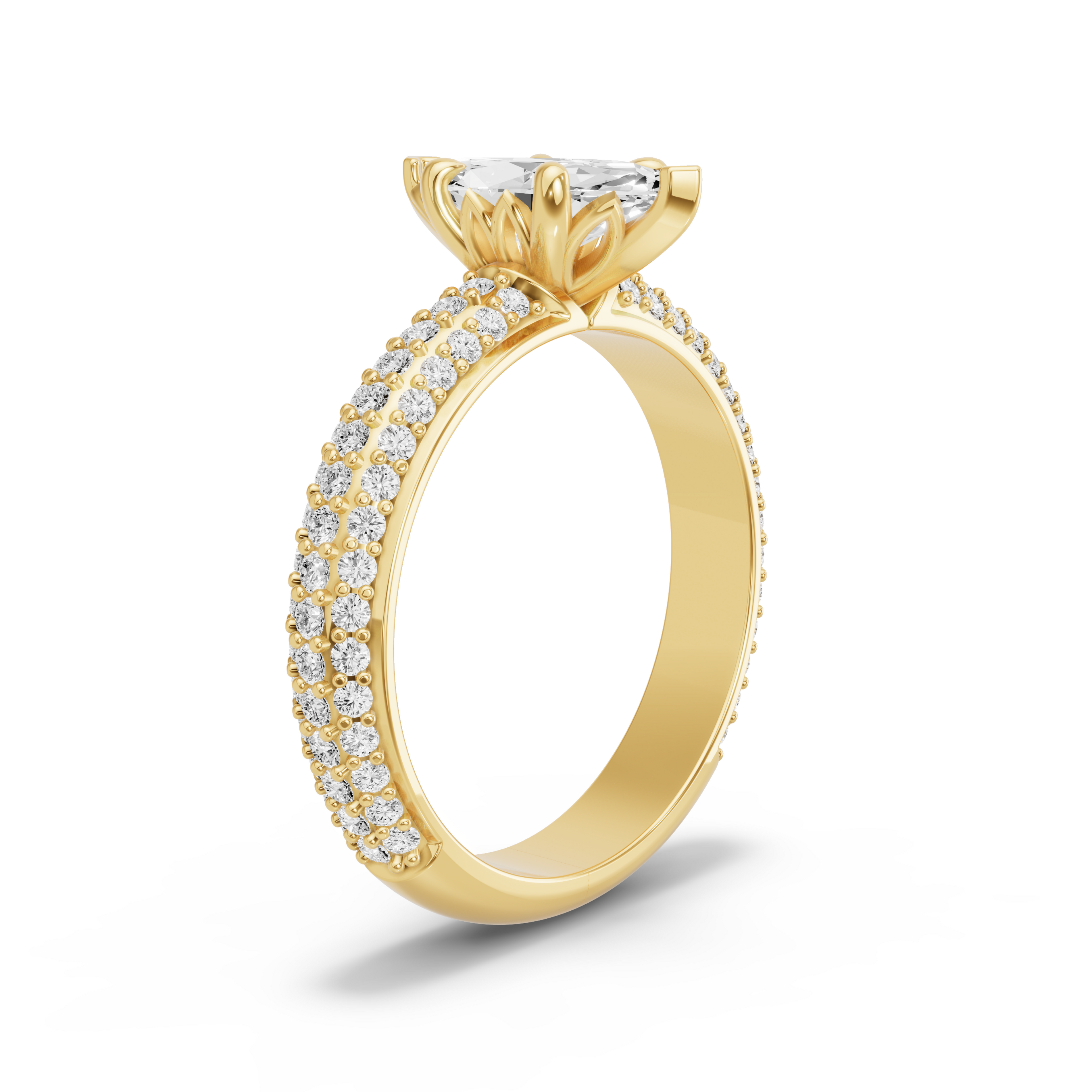 Image for Marquise Lotus Basket Ring with Triple Row Pave band in 10K Yellow Gold