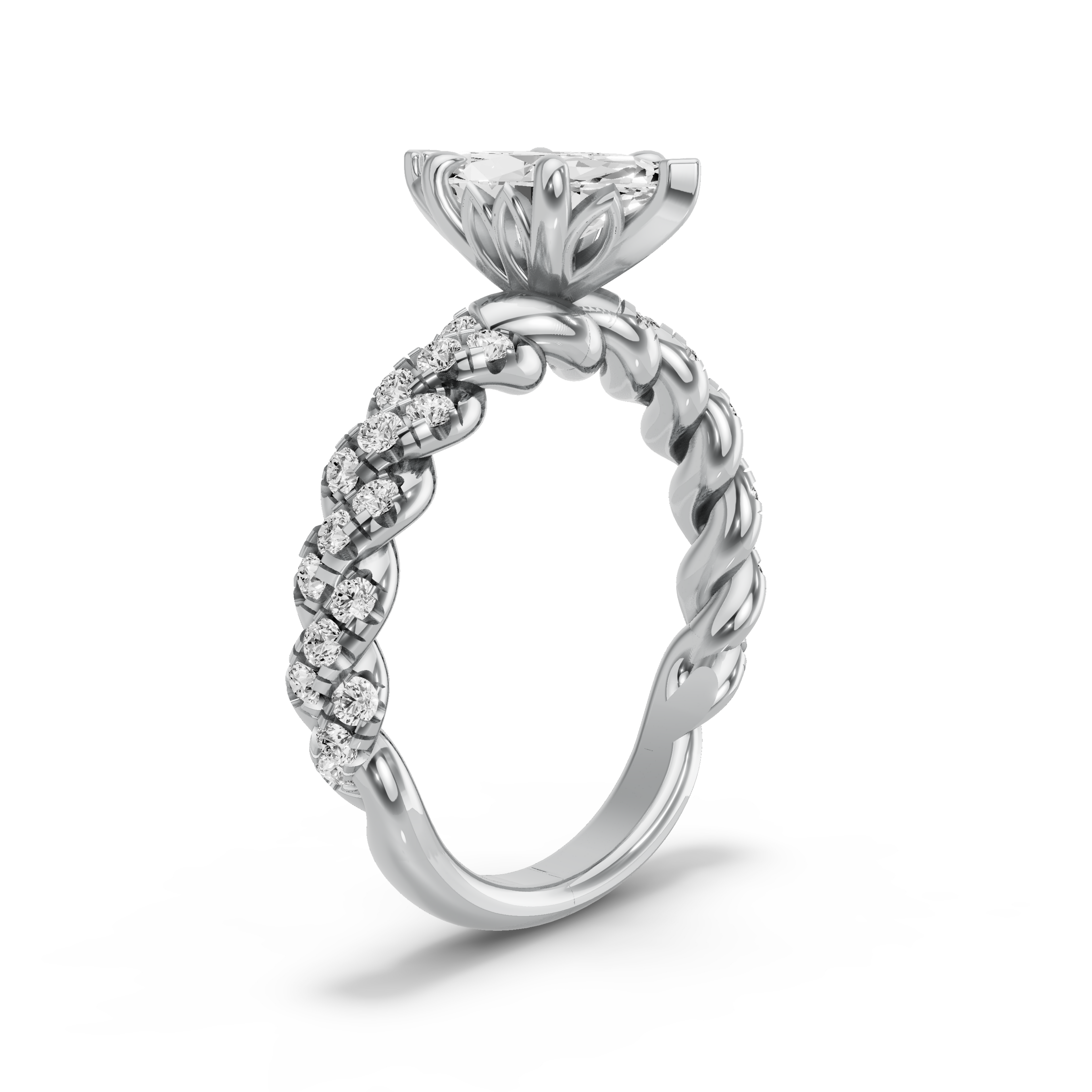 Image for Marquise Lotus Basket Ring with Twist Pave band in 18K White Gold