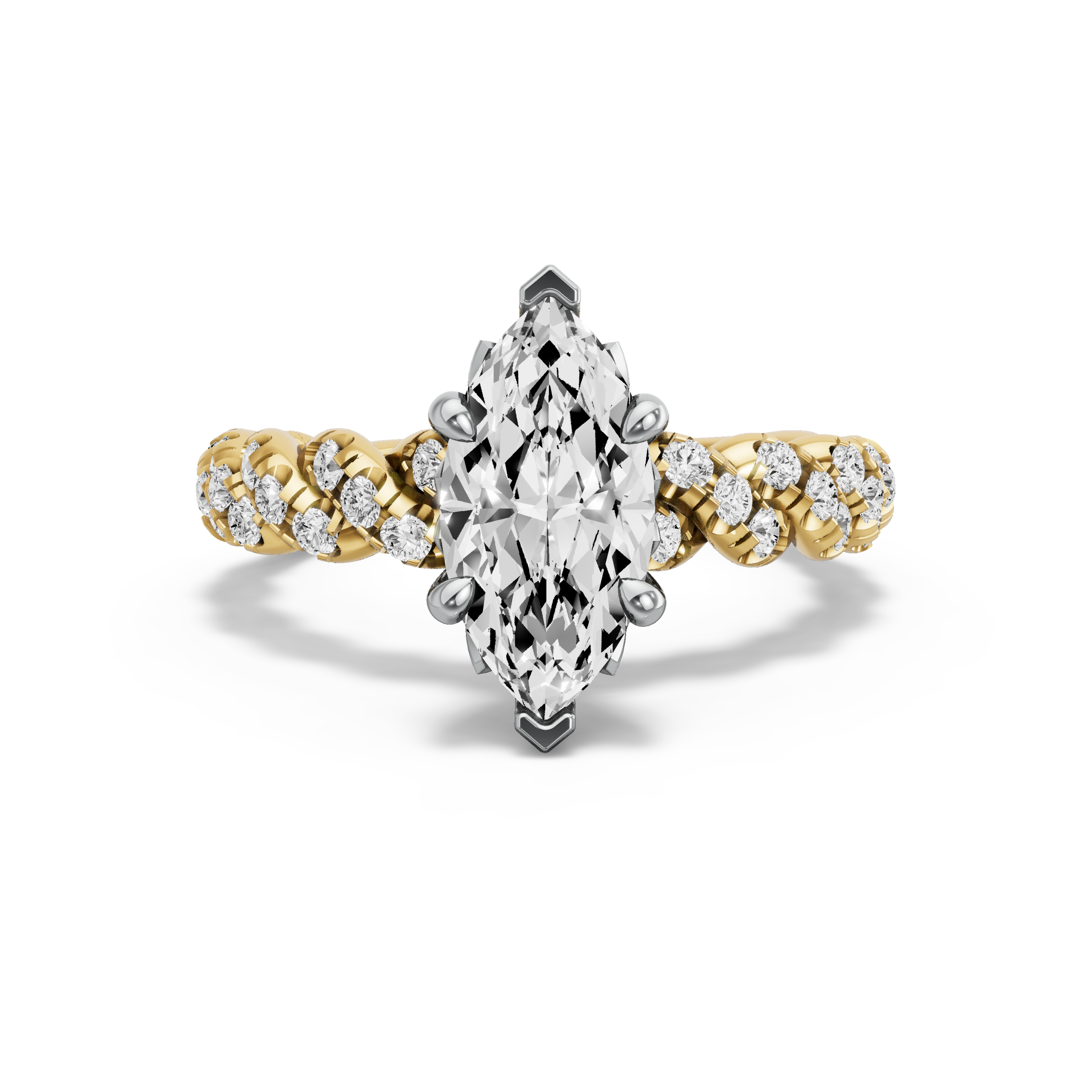 Image for Marquise Lotus Basket Ring with Twist Pave band in 10K Two Tone Yellow Gold