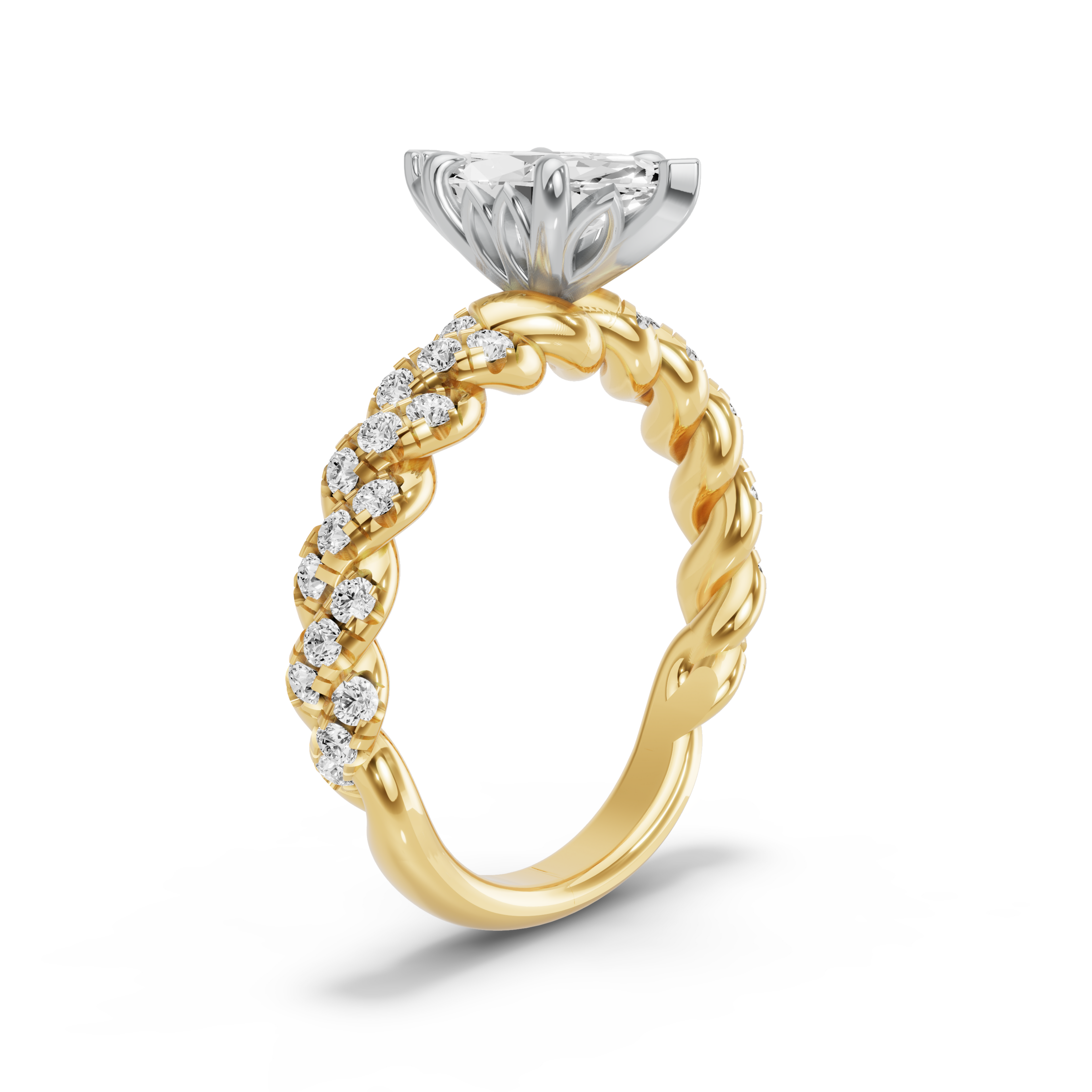 Image for Marquise Lotus Basket Ring with Twist Pave band in 14K Two Tone Yellow Gold