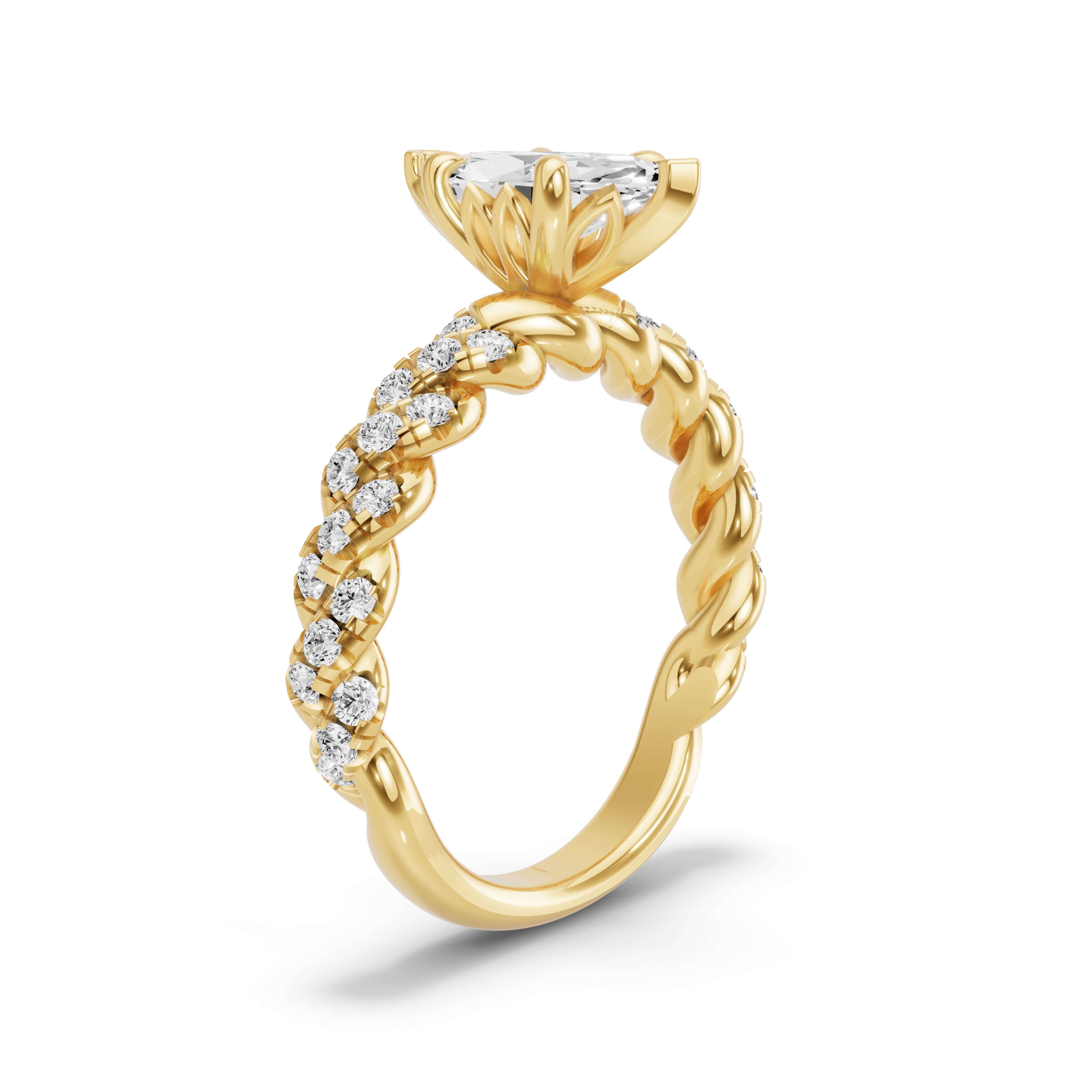 Image for Marquise Lotus Basket Ring with Twist Pave band in 14K Yellow Gold