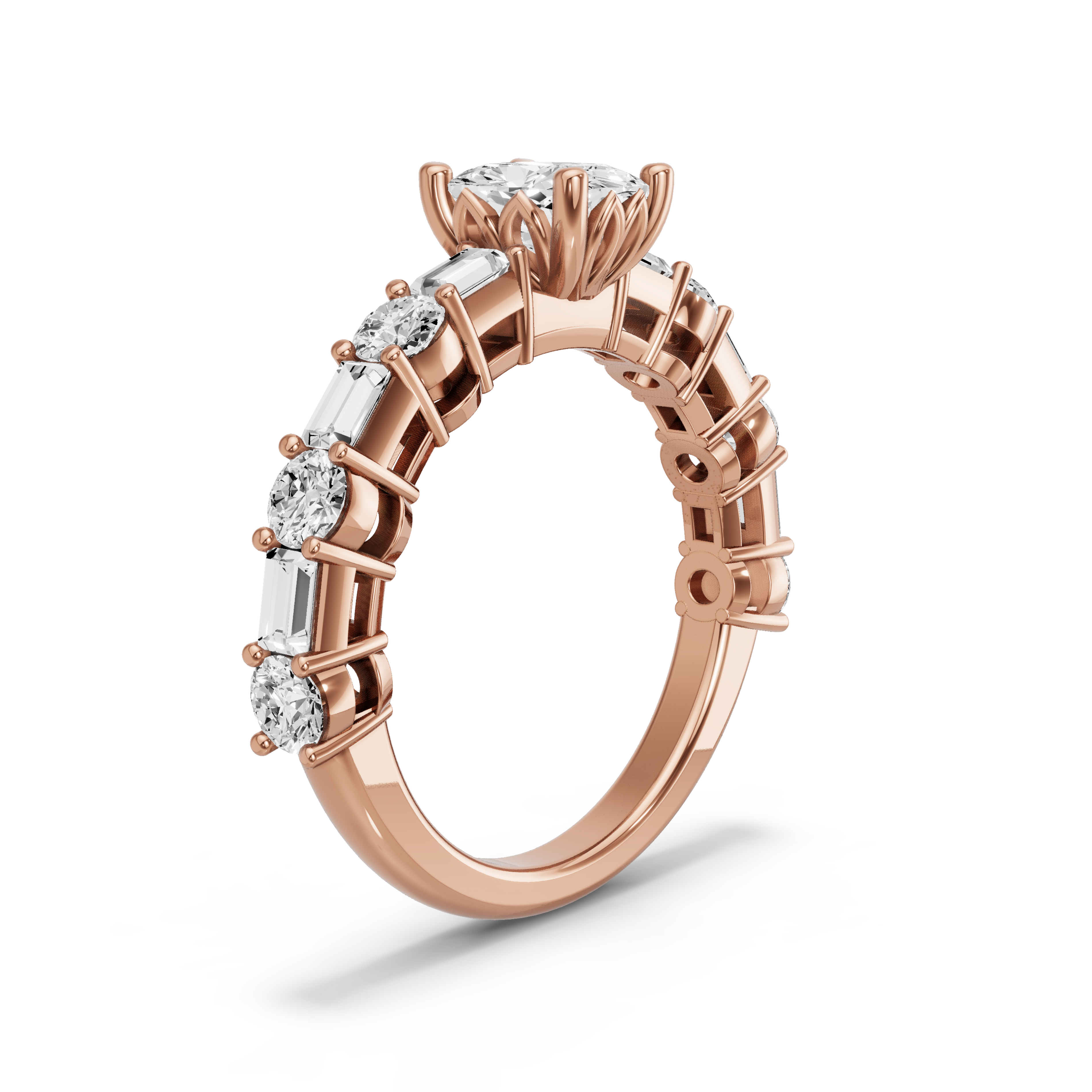 Image for Cushion Lotus Basket Ring with Alternating Baguette band in 18K Rose Gold